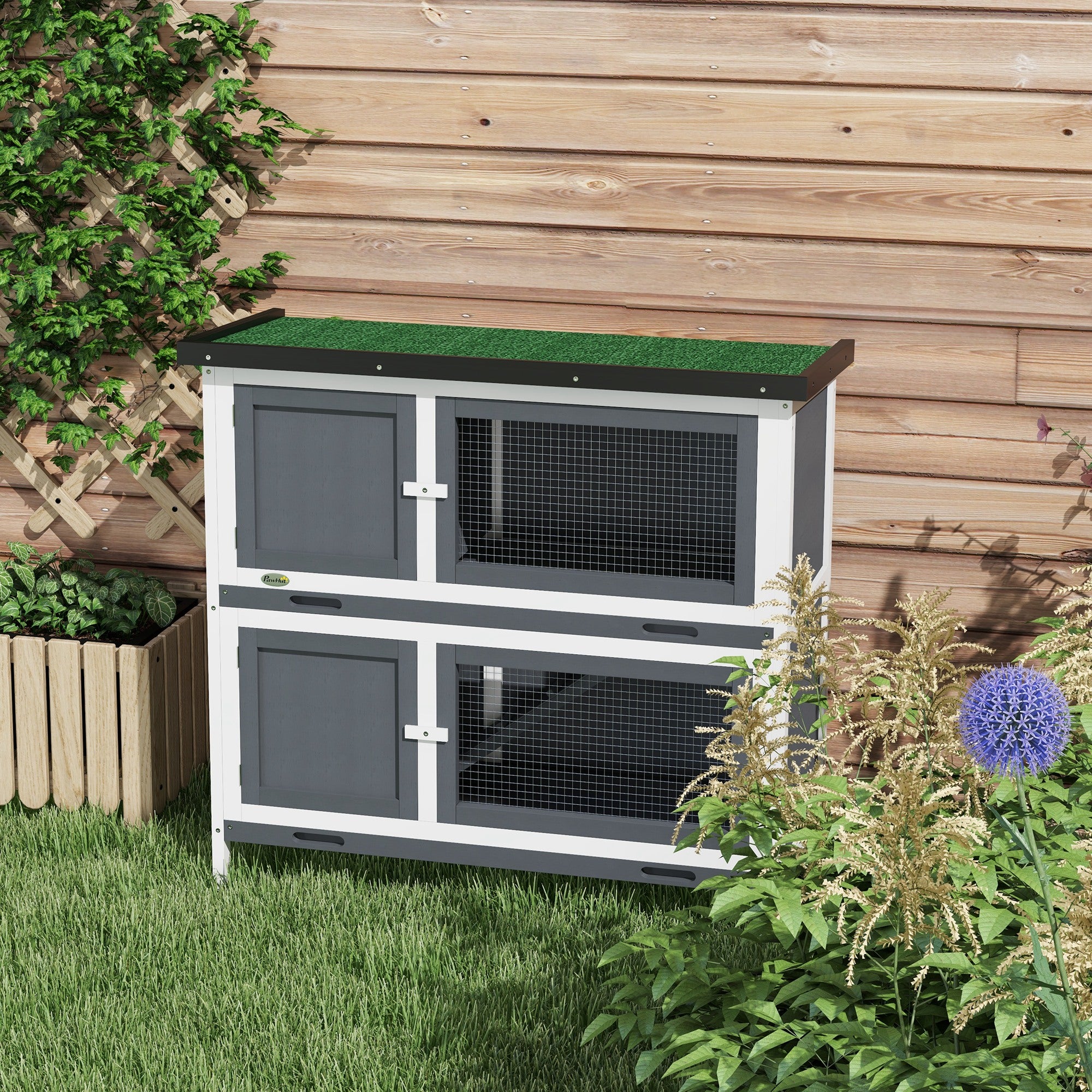 PawHut Wood Rabbit Hutch with 2 Large Main House, Ramp, Trays, Grey