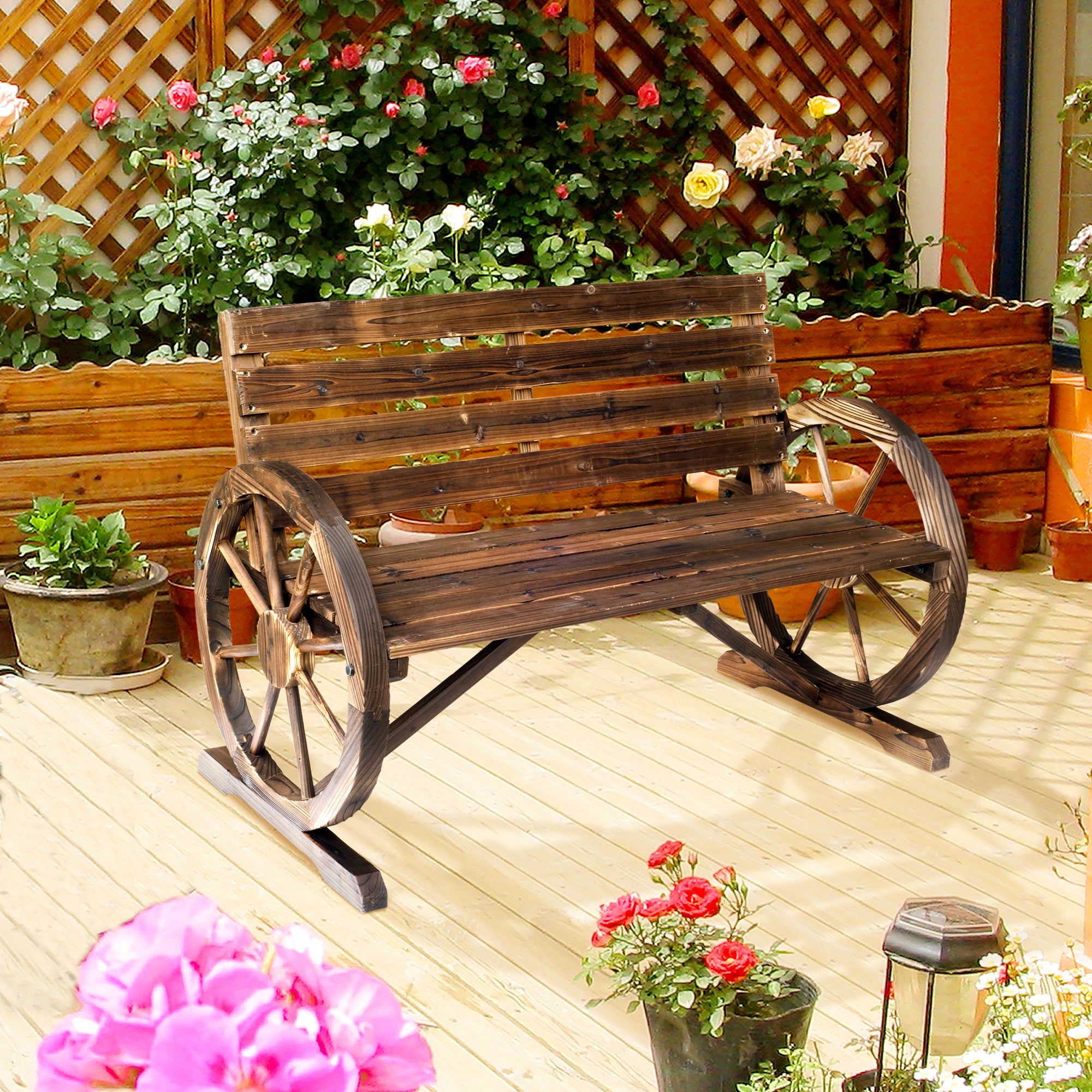 Outsunny 42" Wood Wagon Wheel Bench Garden Loveseat Rustic Seat Relaxing Lounge Chair Outdoor Decorative Seat Park Decor, Brown