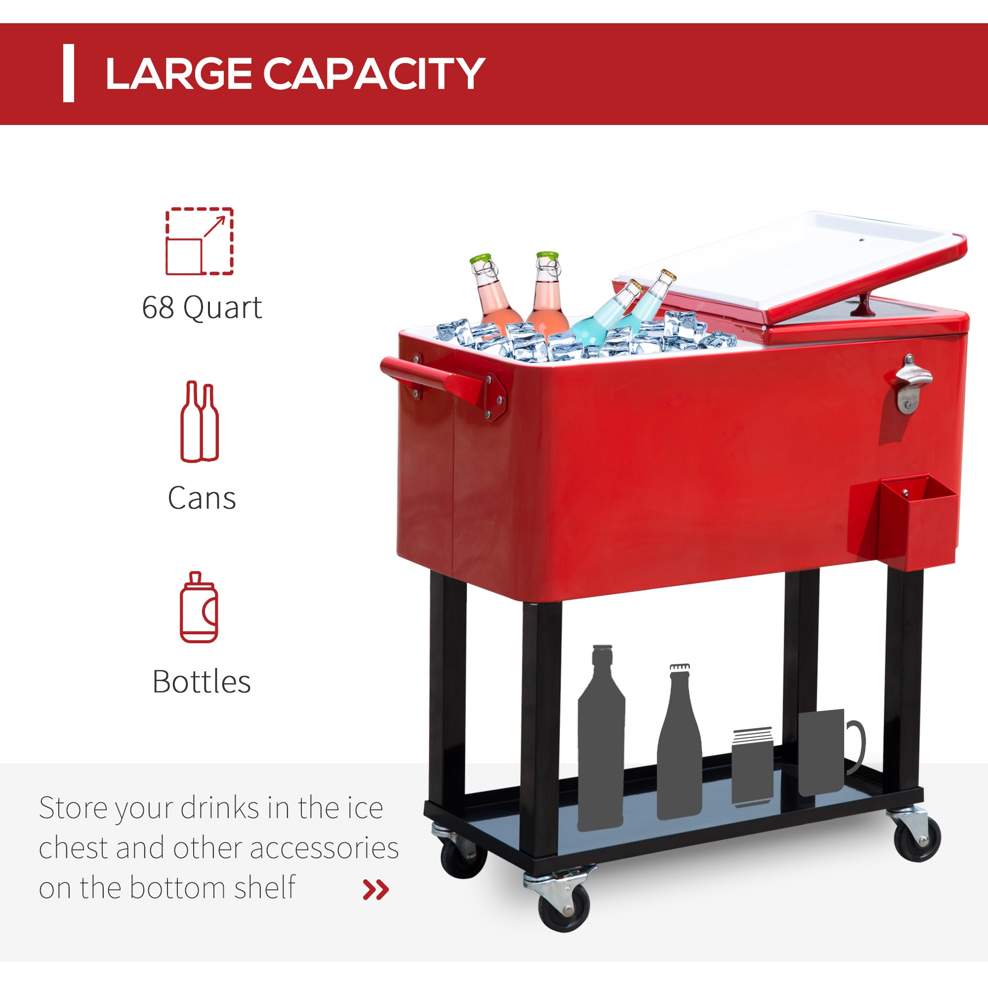 Outsunny 80 Quart Rolling Cooler Cart Portable Patio Ice Beer Beverage Cooling Bin for Outdoor Party w/ Bottle Opener & Storage Shelf Red