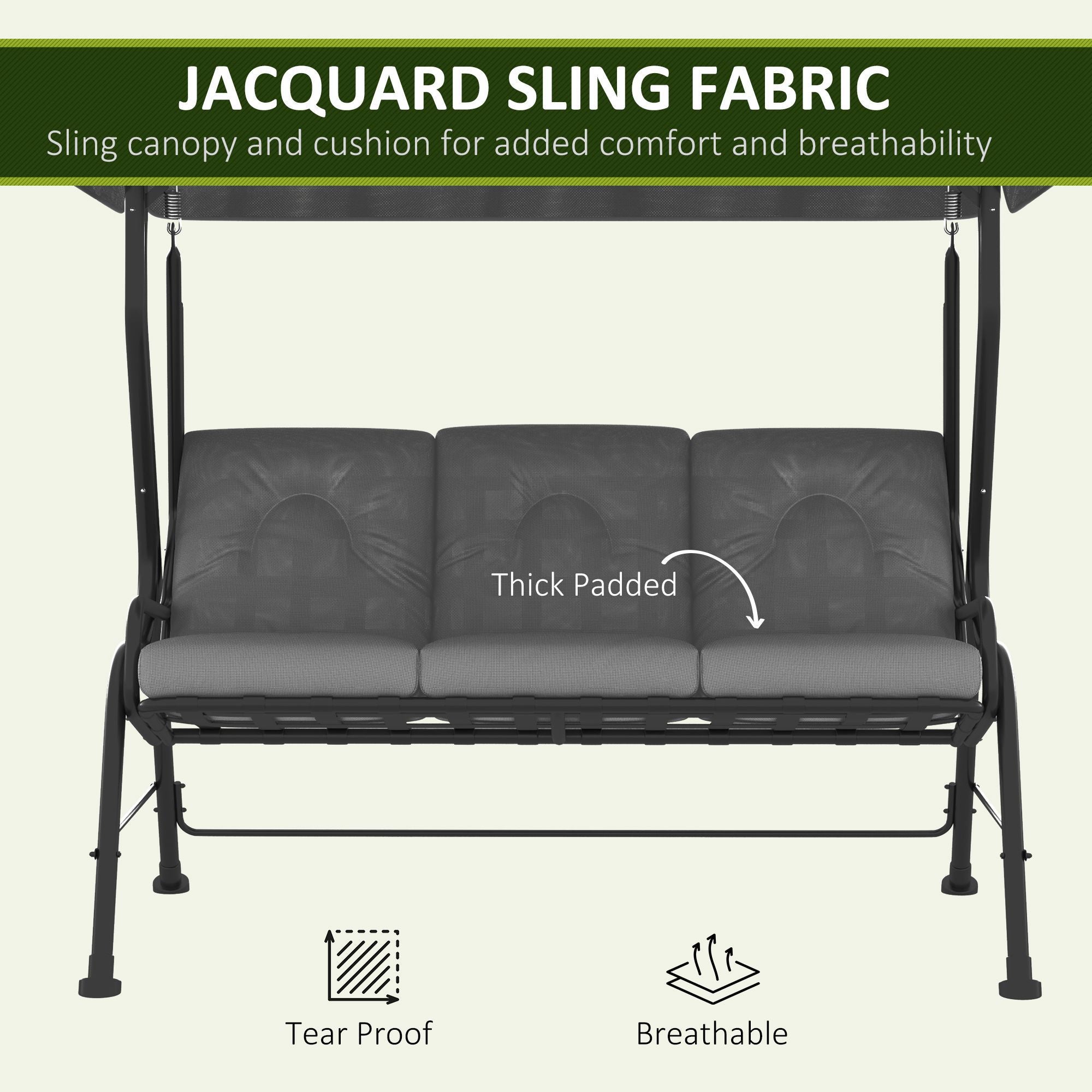 Outsunny 3-Person Patio Swing Chair with Canopy 3 Seater Porch Swing for Garden, Backyard, Poolside, Light Grey