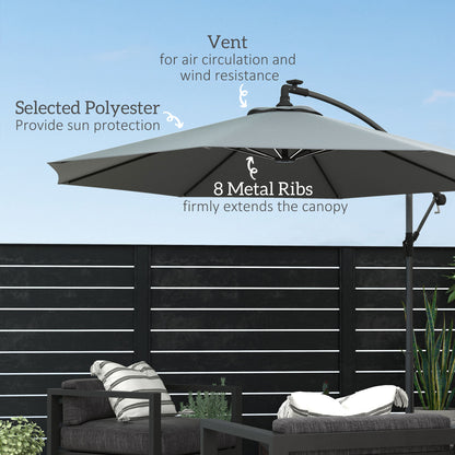 Outsunny 10ft Outdoor Cantilever Hanging Offset Umbrella with Solar LED Lights, Crank, Cross Base, Aluminum Frame, Grey
