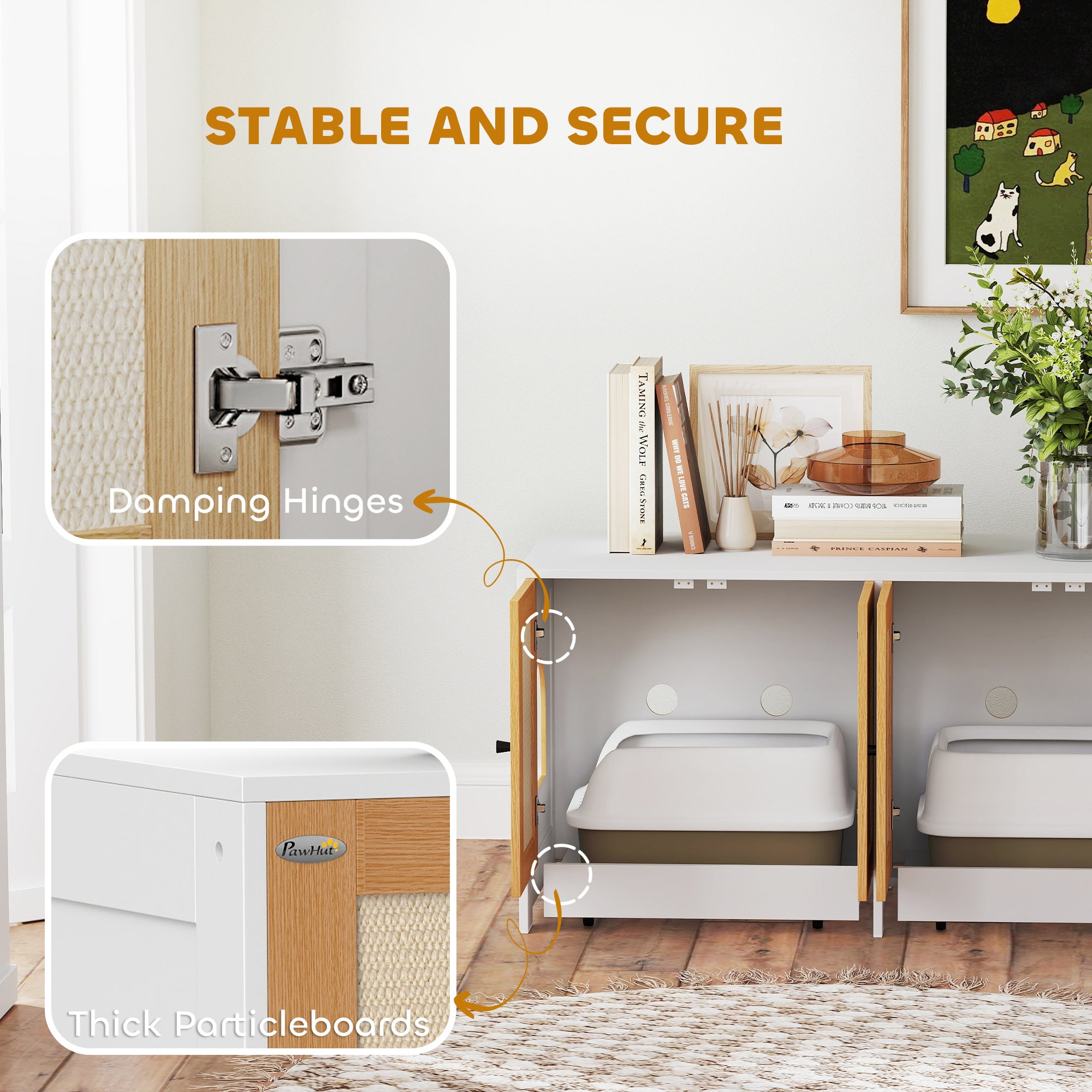 PawHut Cat Litter Box Enclosure w/ 2 Cabinets, Scratching Mats, Pull-Out Trays, Hidden Litter Box for 2 Cats, White