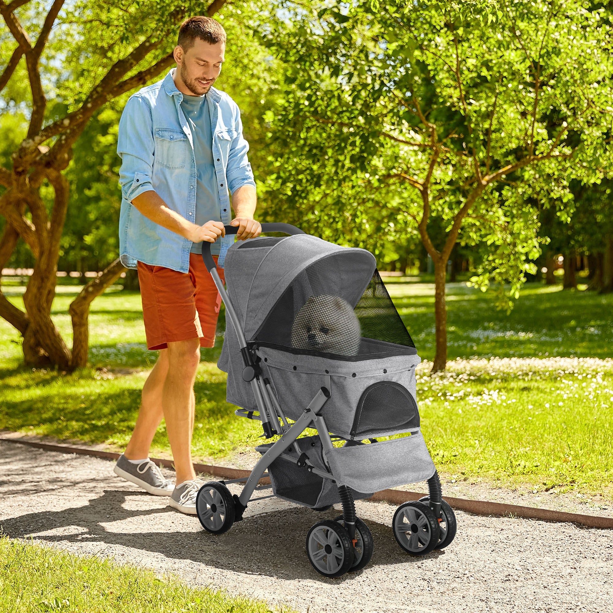 PawHut 4 Wheels Pet Stroller w/ Reversible Handle, Foldable Dog Cat Travel Carriage w/ EVA Wheels Basket Storage Bag 3-stage Canopy Grey