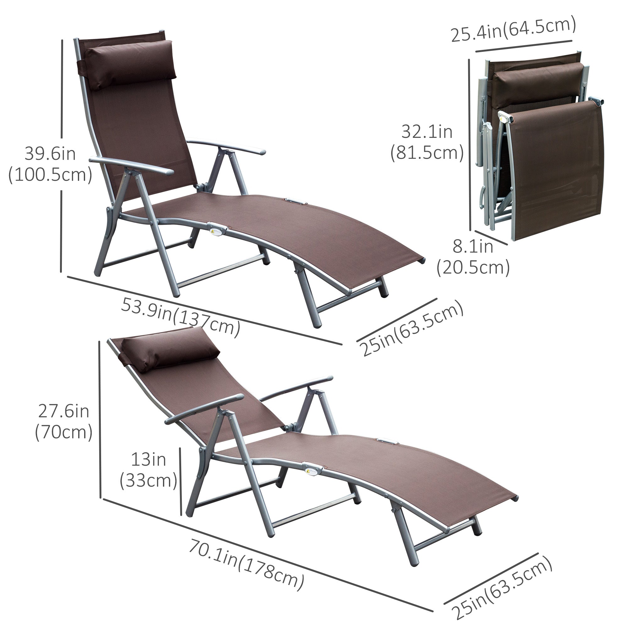 Outsunny Heavy-duty Adjustable Folding Reclining Chair Outdoor Sun Lounger Patio Chaise Lounge Garden Beach Gravity Lounge with Pillow, 7 Adjustable Backrest Positions, Brown