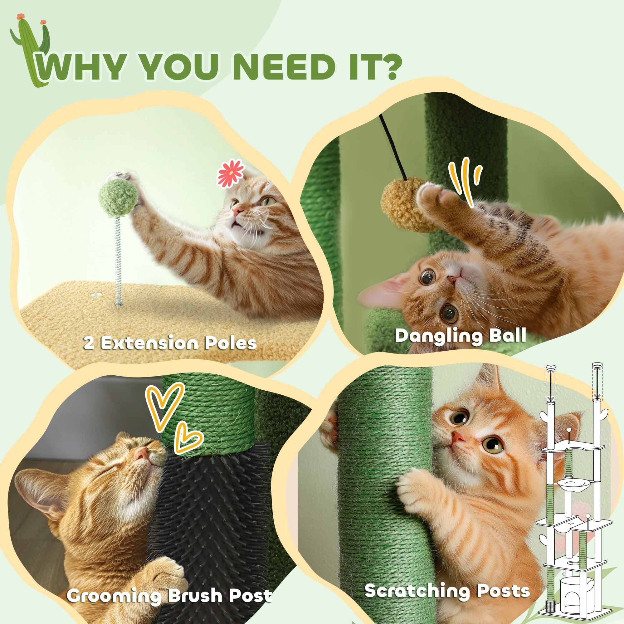 PawHut 89"-100" Floor to Ceiling Cat Tree Cat Tower for Large Cats w/ Scratching Posts, Grooming Brush Post, Cat Condo, Green