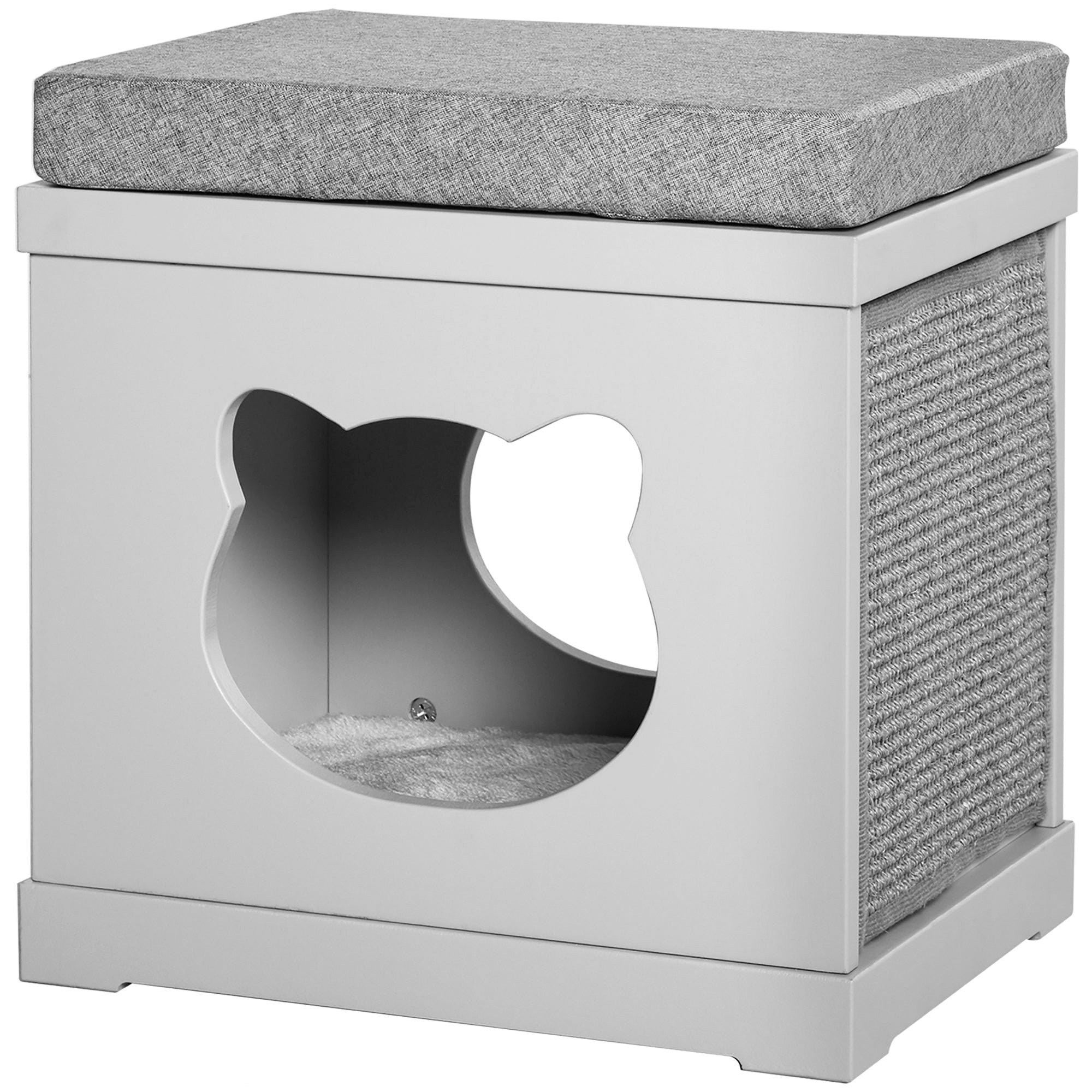 PawHut Indoor Cat Bed with 2 Exterior Scratching Boards, Cat Cube House with Removeable Cushions, 16" L x 12" W x 14" H, Grey