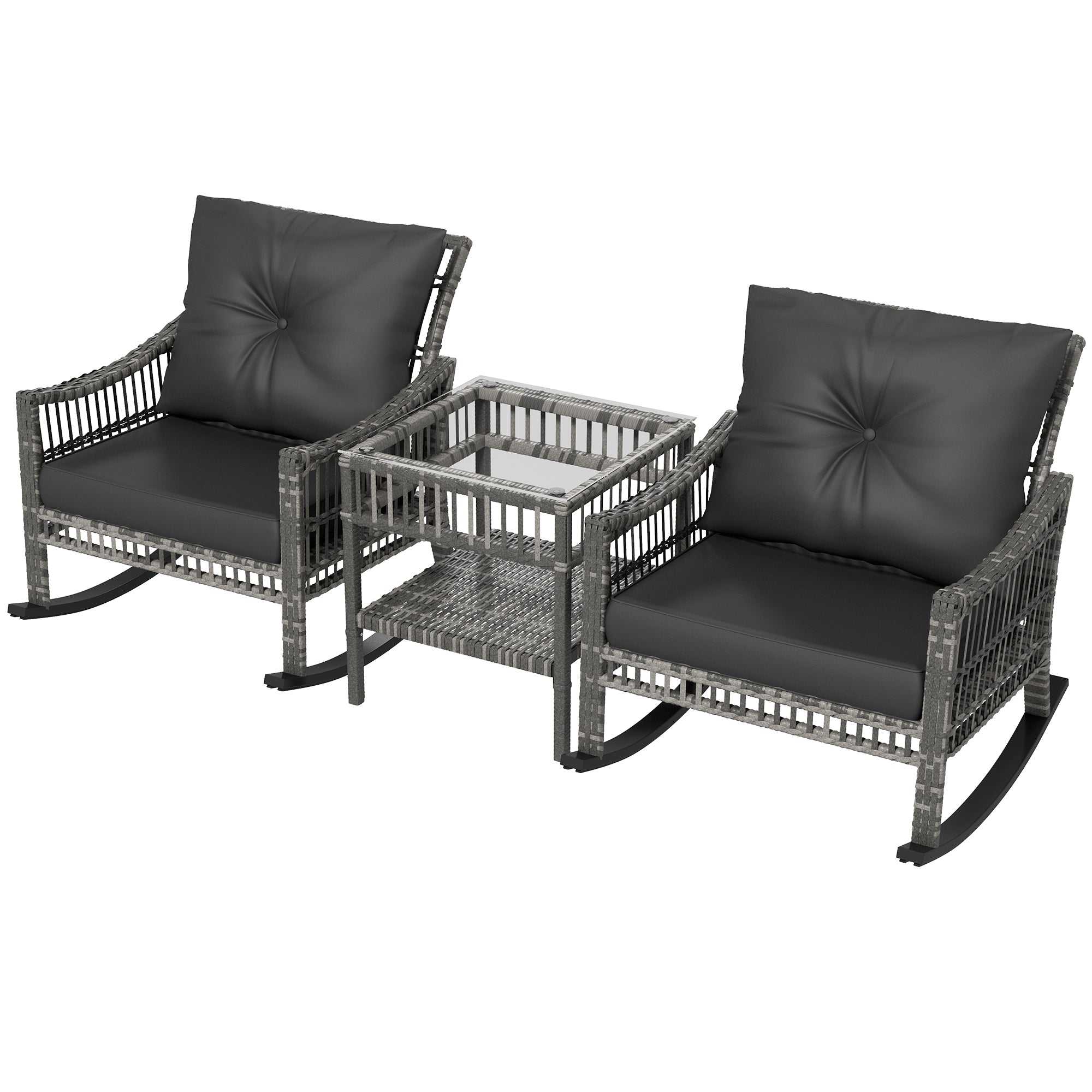 Outsunny 3 Pieces Outdoor PE Rattan Rocker Chair Set, Rocking Chair with Tempered Glass Table Top,25"x26"x28", Mixed Grey