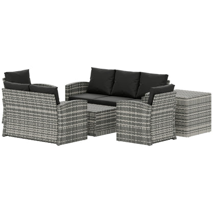 Outsunny 6 Pieces Wicker Patio Furniture Set with Cushions, 7-Seater Rattan Patio Sofa Set with Storage Coffee Table & Side Table, Sectional Outdoor Furniture Set, Black