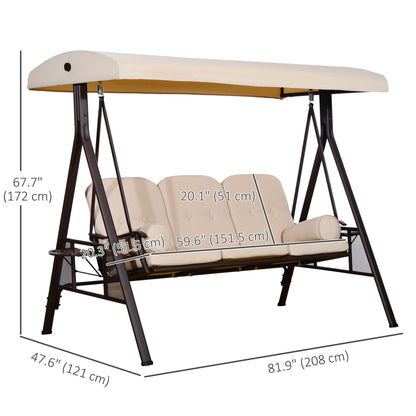 Outsunny 3 Seater Heavy Duty Swing Chair Outdoor Lounge Hammock Cushioned Seat W/ Tilt Canopy, Beige
