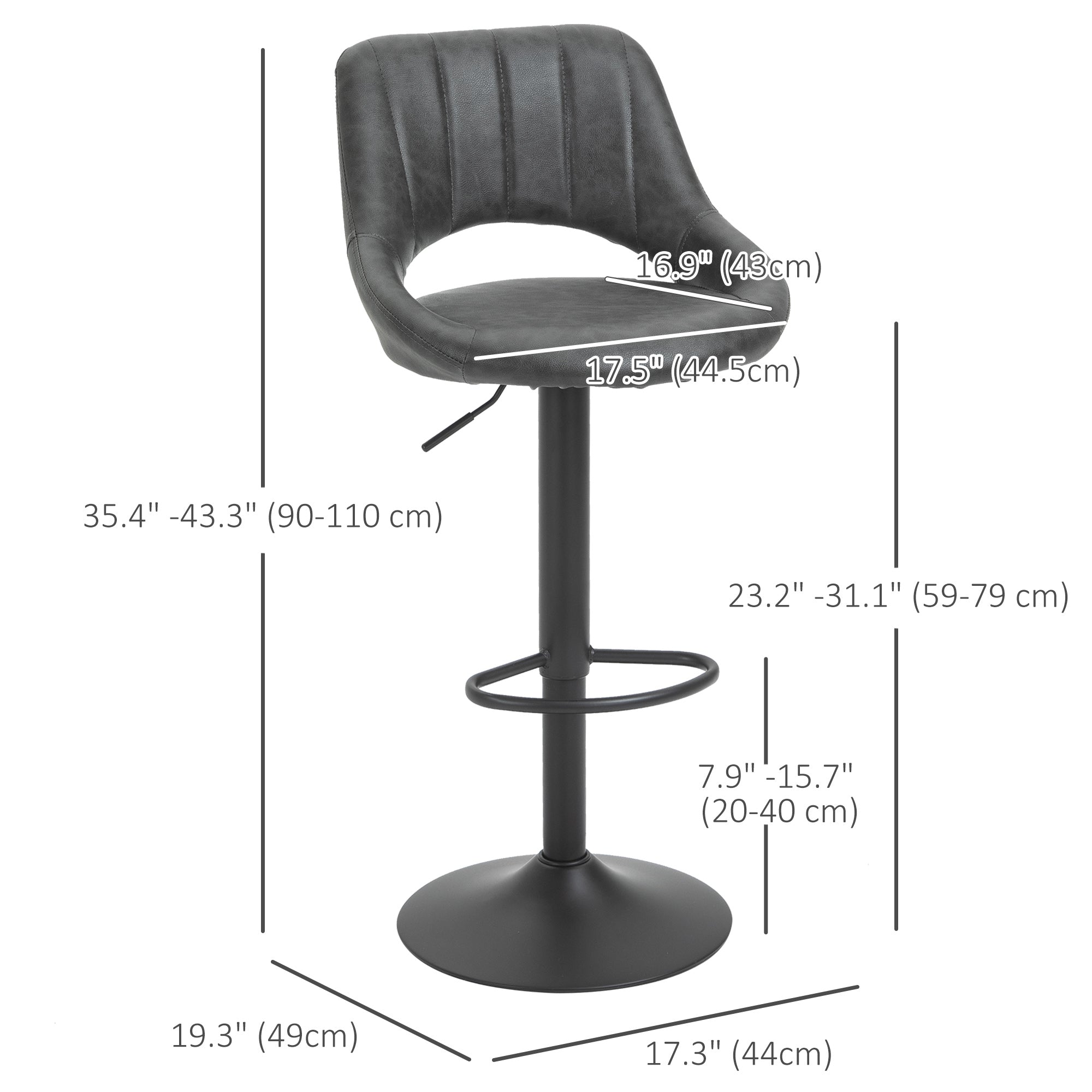 HOMCOM  Set of 2 Adjustable Bar Stools with PU Upholstered Back, Footrest, Round Base for Kitchen, Dining Room, Grey