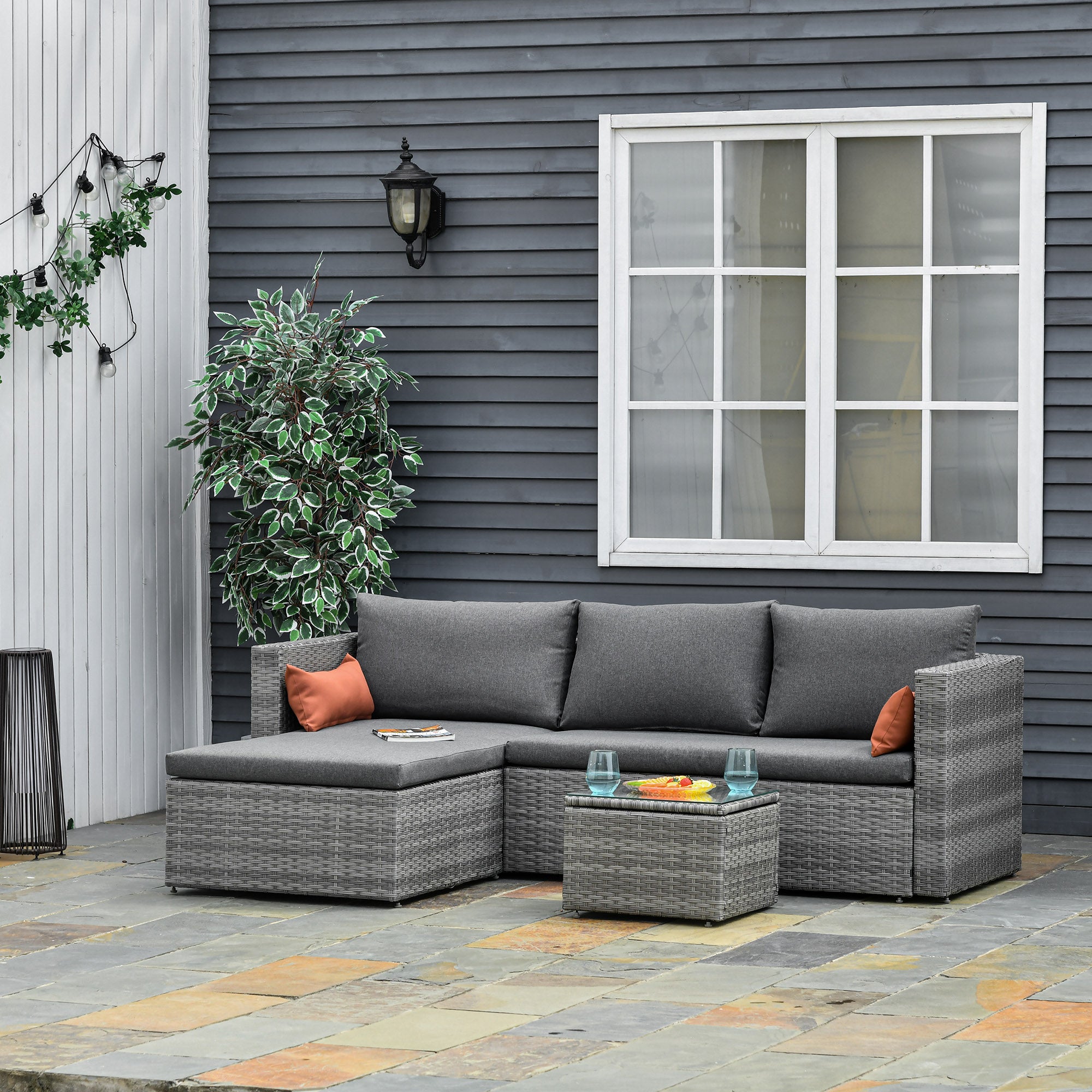 Outsunny 3-Piece Patio Furniture Set Modern Sectional Sofa Rattan Chair Wicker Conversation Set Outdoor Hand Woven Rattan Wicker Furniture Patio Coffee Table Sofa Set, Grey