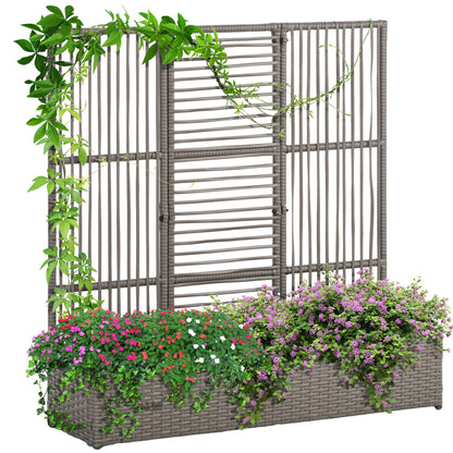 Outsunny Raised Garden Bed with Lattice Trellis, Rattan Outdoor Planter with Storage for Garden, Patio, Balcony, Grey