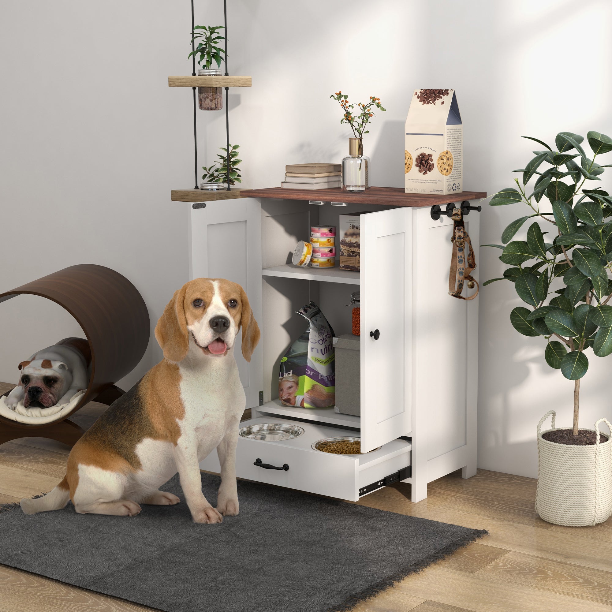 PawHut Pet Food Storage Container Dog Feeding Station w/ Adjustable Panel, Hooks, for Medium Sized Dogs, White