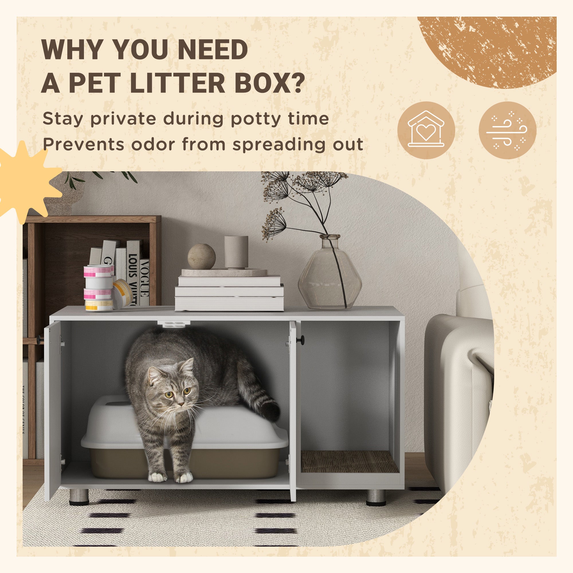 PawHut Litter Box Furniture Hidden Cat Washroom Furniture with Double Doors and Scratching Pad, White