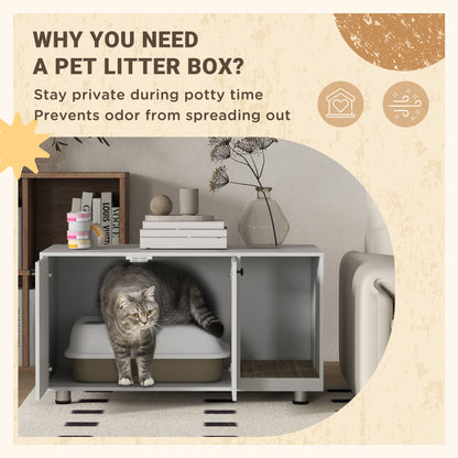 PawHut Litter Box Furniture Hidden Cat Washroom Furniture with Double Doors and Scratching Pad, White