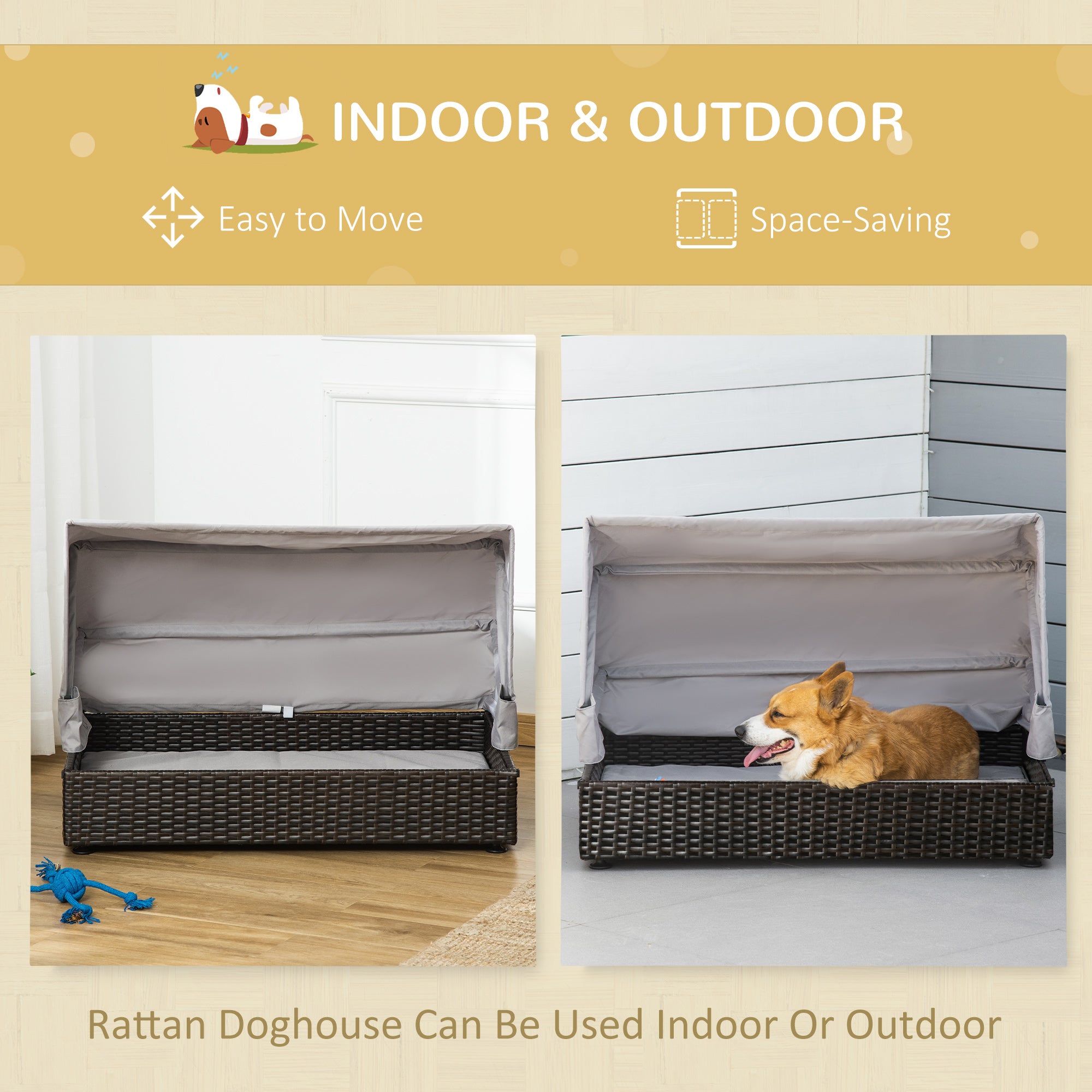 PawHut Wicker Dog House, Elevated Pet Sofa, Rattan Cat Bed, Indoor Outdoor Use, for Garden Patio with Foldable Roof, for Small or Medium-Sized Dogs, Coffee