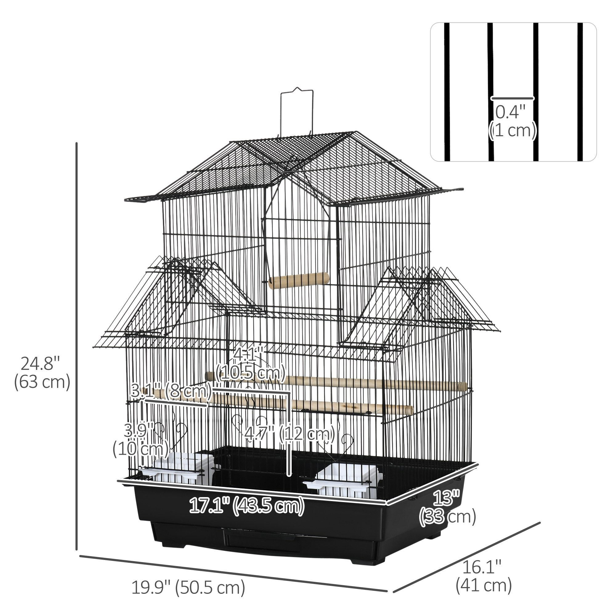 PawHut 25" Bird Cage with Perch, Swing, Food Container, Slide-out Tray, Handle, Parrot Cage for Finches, Canaries, Budgies
