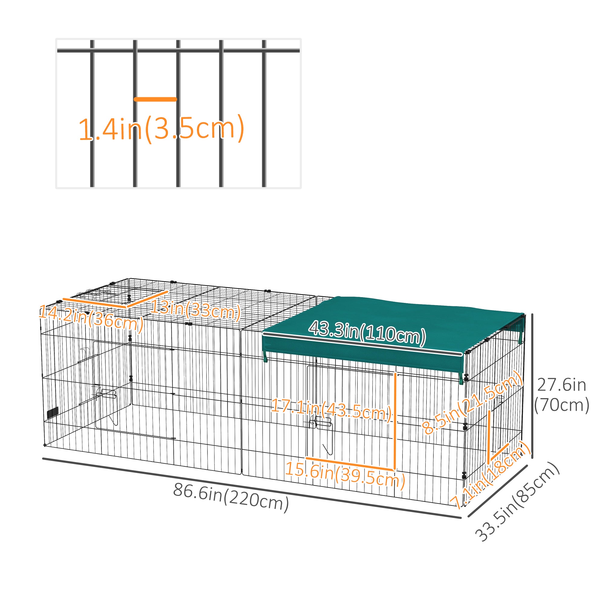 PawHut Small Animal Cage with Roof, Indoor/Outdoor Use, for Chicken, Rabbits, Chinchillas, 87" x 34" x 28", Green