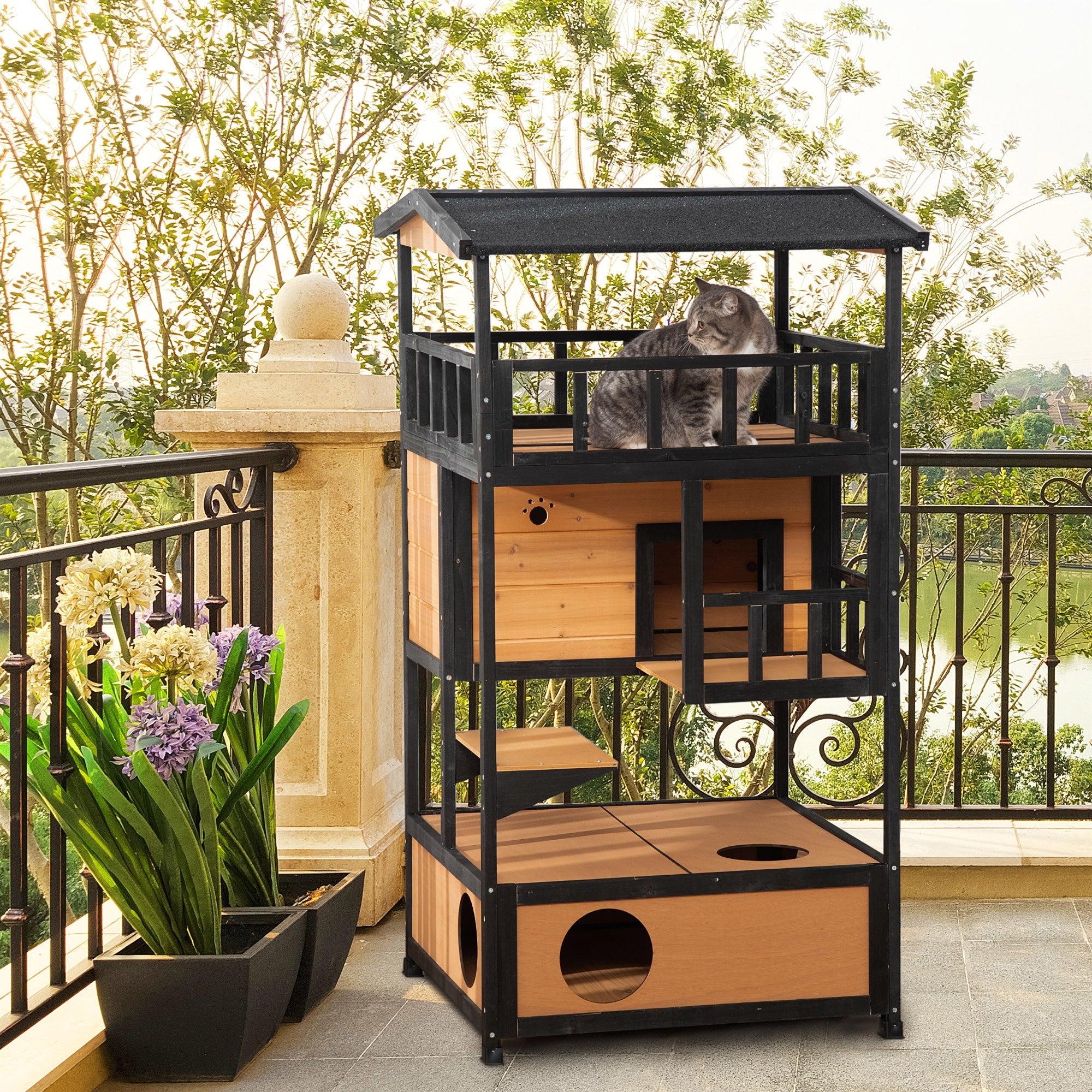 PawHut 4-Floor Wood Outdoor Cat House Catio for Cats with Condo, Fun Entrances, Perch, Natural
