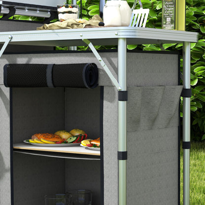 Outsunny Aluminum Camping Kitchen, Portable Folding Camping Table with Fabric Cupboards, Windshield, Bag for BBQ, Picnic, Grey