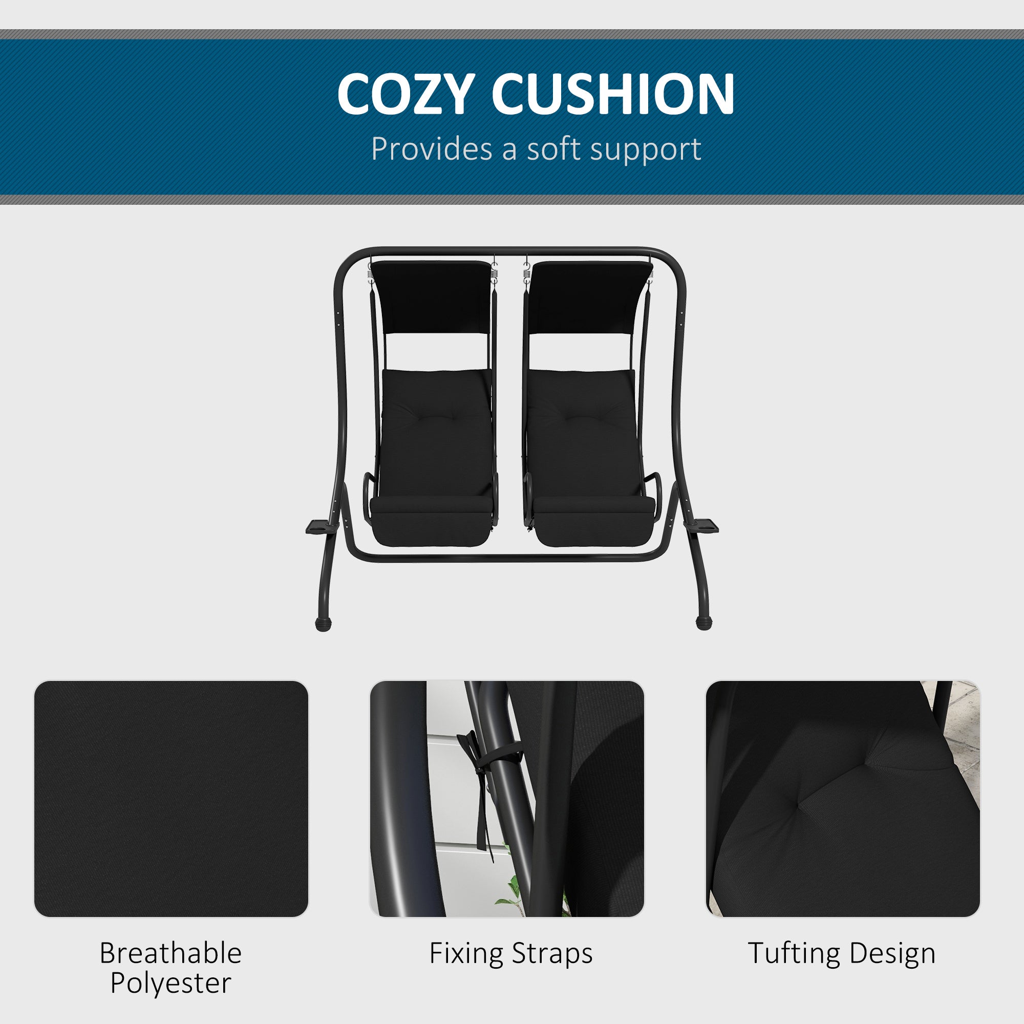 Outsunny 2-Seater Outdoor Porch Swing with Canopy, Patio Swing Chair for Garden, Poolside, Backyard, Black