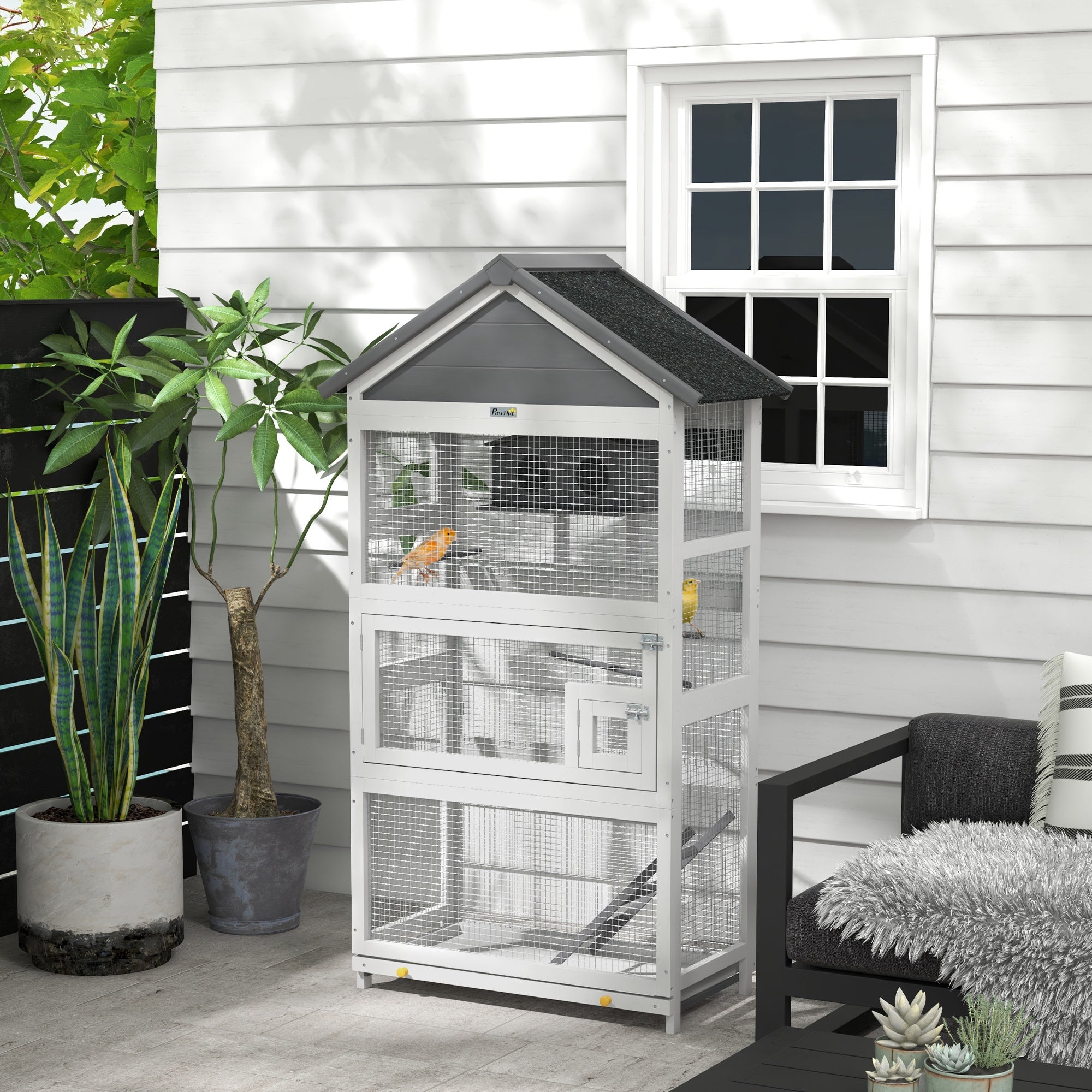 PawHut Wooden Bird Cage with Perches, Bird House, Ladder, Slide-Out Tray for Finches, Parakeets, Small Birds, Grey