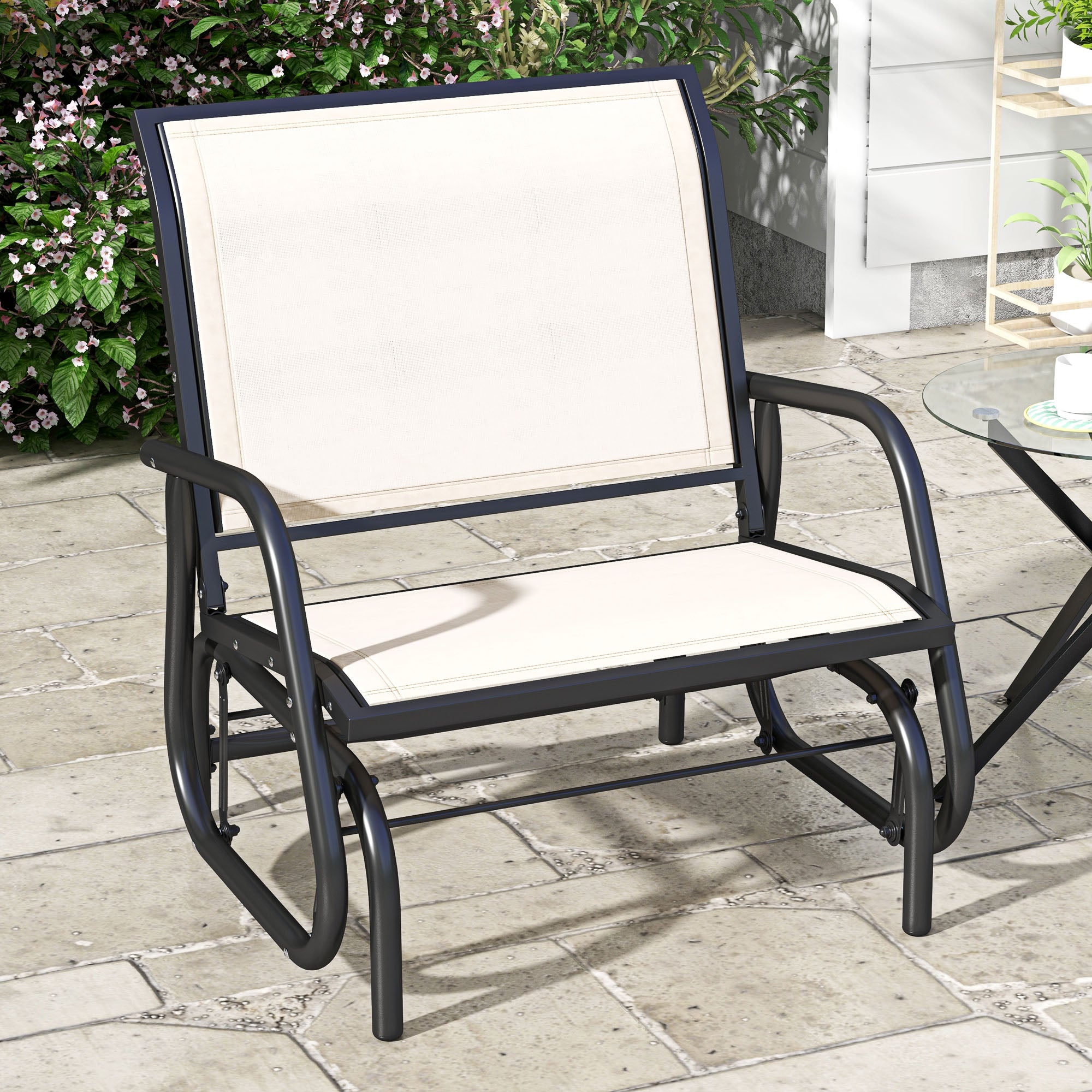 Outsunny Patio Glider with Breathable Mesh Fabric Seat & Backrest, Metal Frame Outdoor Glider Swing Chair with Armrests, Cream