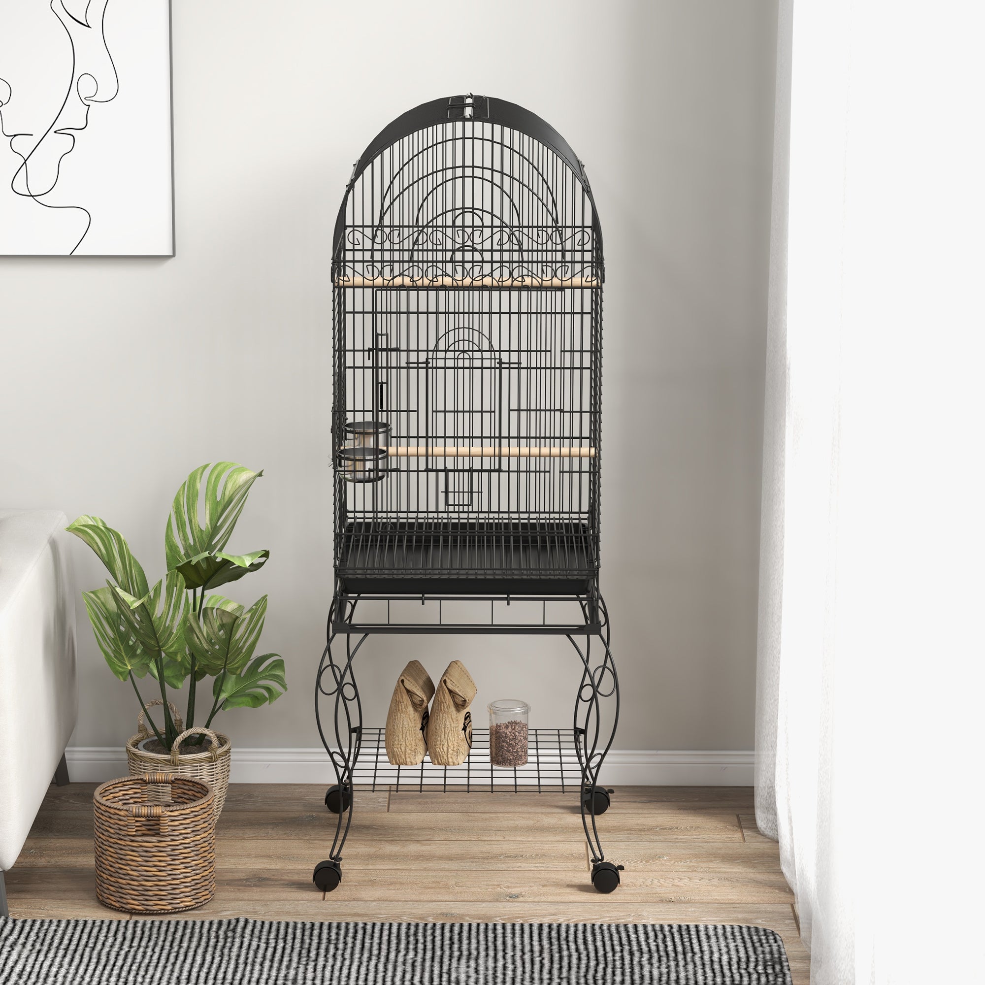 PawHut Play Open Top Bird Cage 60" Parrot Cage for Cockatiel, Sun Conure with Rolling Stand, Removable Tray, Perches, Storage Shelf Black, 20.1" x 20.1"