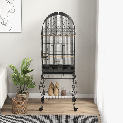 PawHut Play Open Top Bird Cage 60" Parrot Cage for Cockatiel, Sun Conure with Rolling Stand, Removable Tray, Perches, Storage Shelf Black, 20.1" x 20.1"