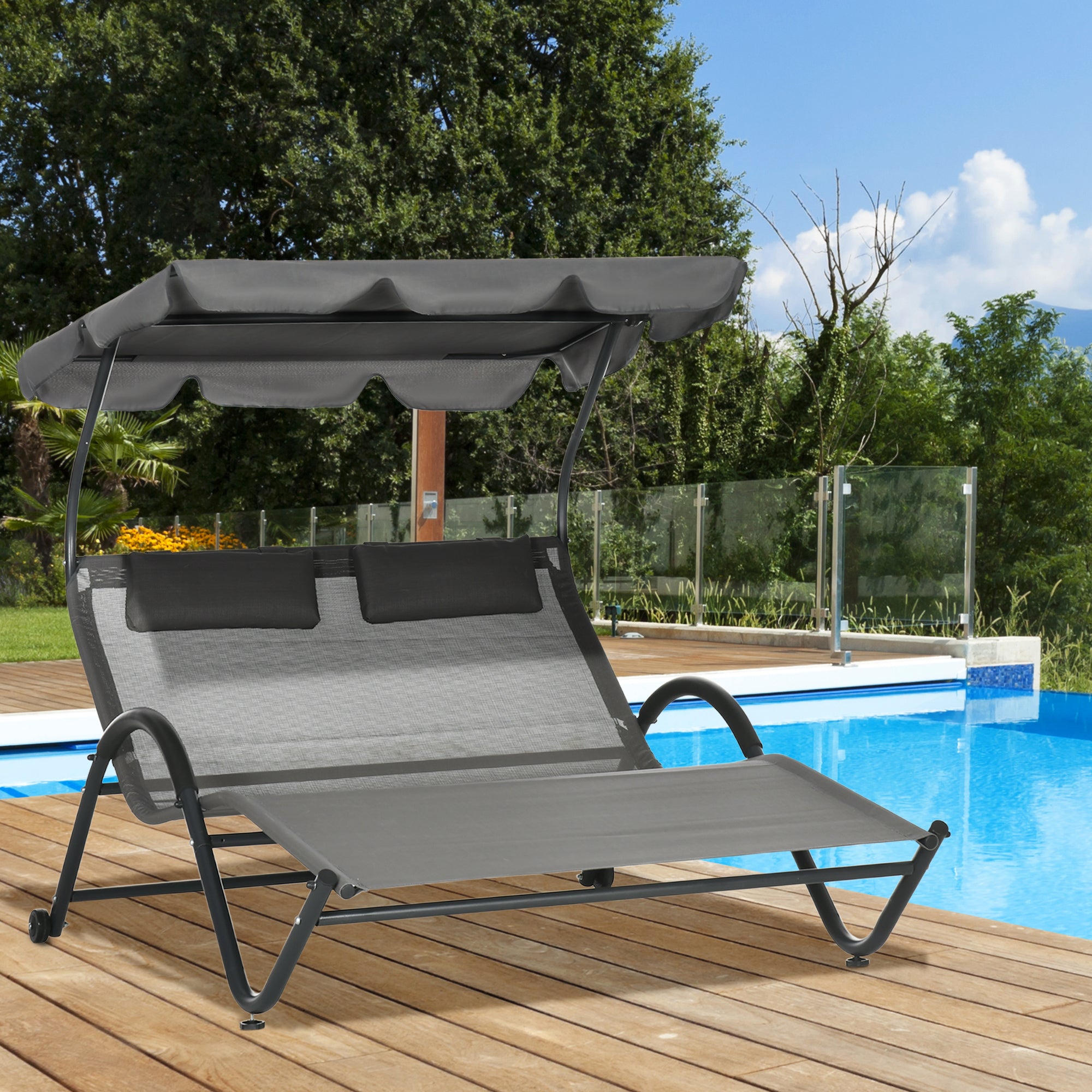 Outsunny Outdoor Patio Chaise Lounge Chair, Patio Sun Lounger w/ Sunshade Roof, for Two People with Wheels and Breathable Sling Mesh Bed, Pillows, Dark Gray