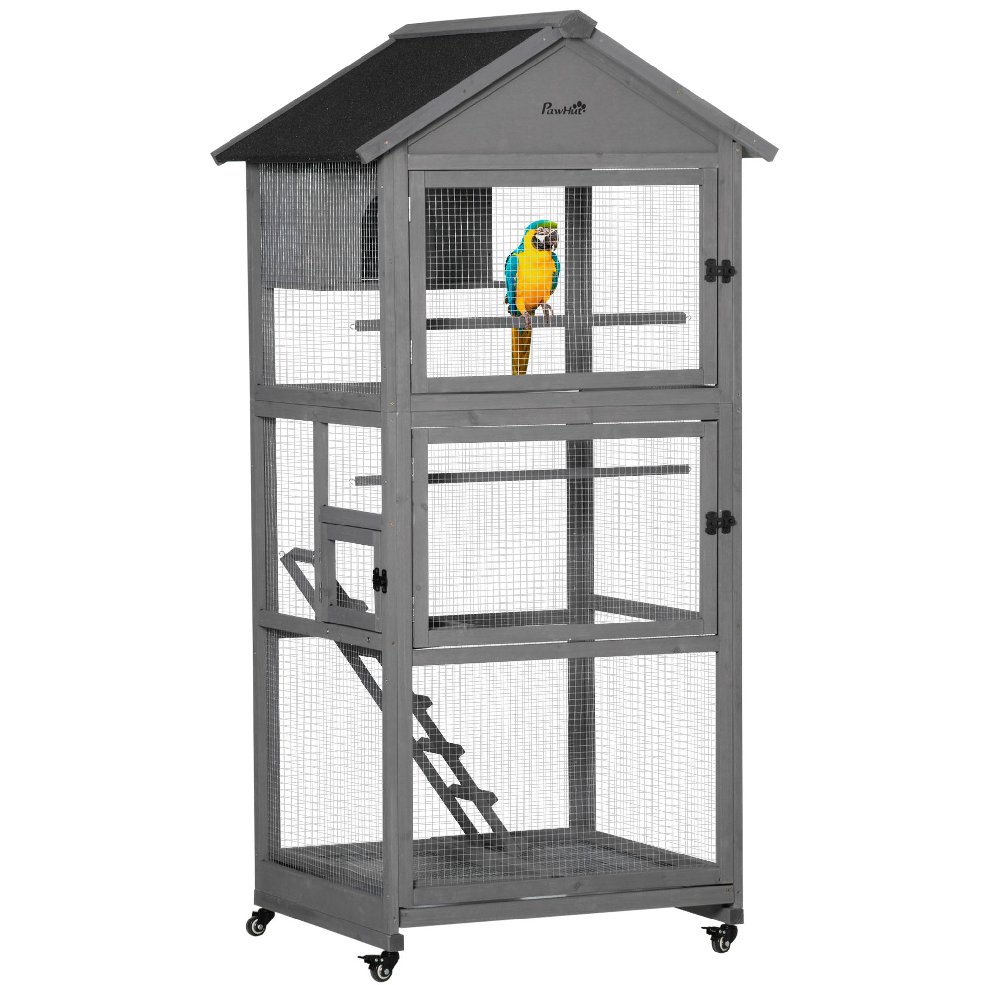 PawHut 71" Bird Cage Large Mobile Wooden Aviary for Canary Cockatiel with Wheel Perch Nest Ladder Slide-out Tray for Indoor Outdoor Dark Grey
