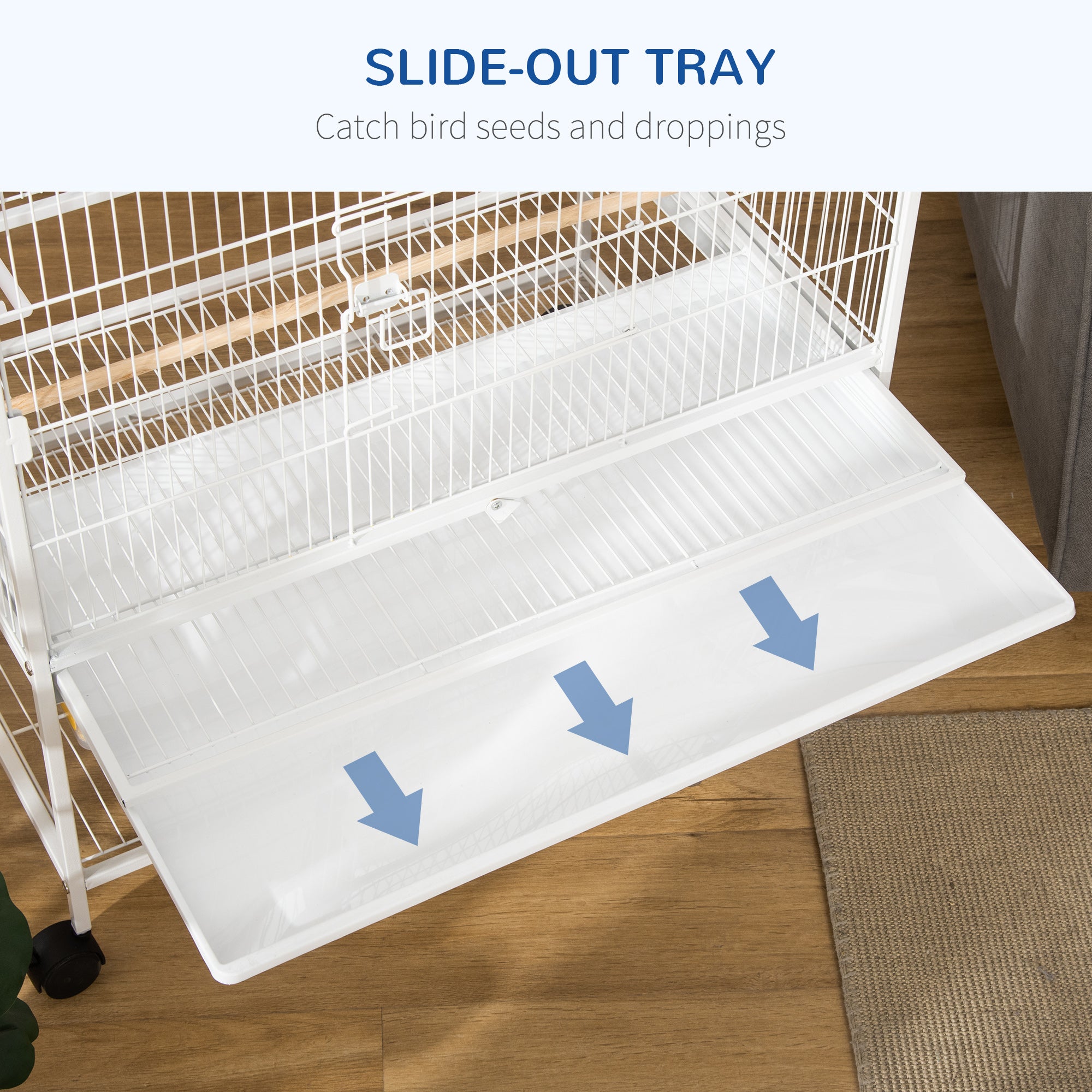 PawHut 52" Large Rolling Steel Bird Cage Bird House with Rolling Stand, Storage Shelf, Wood Perch, Food Container, White