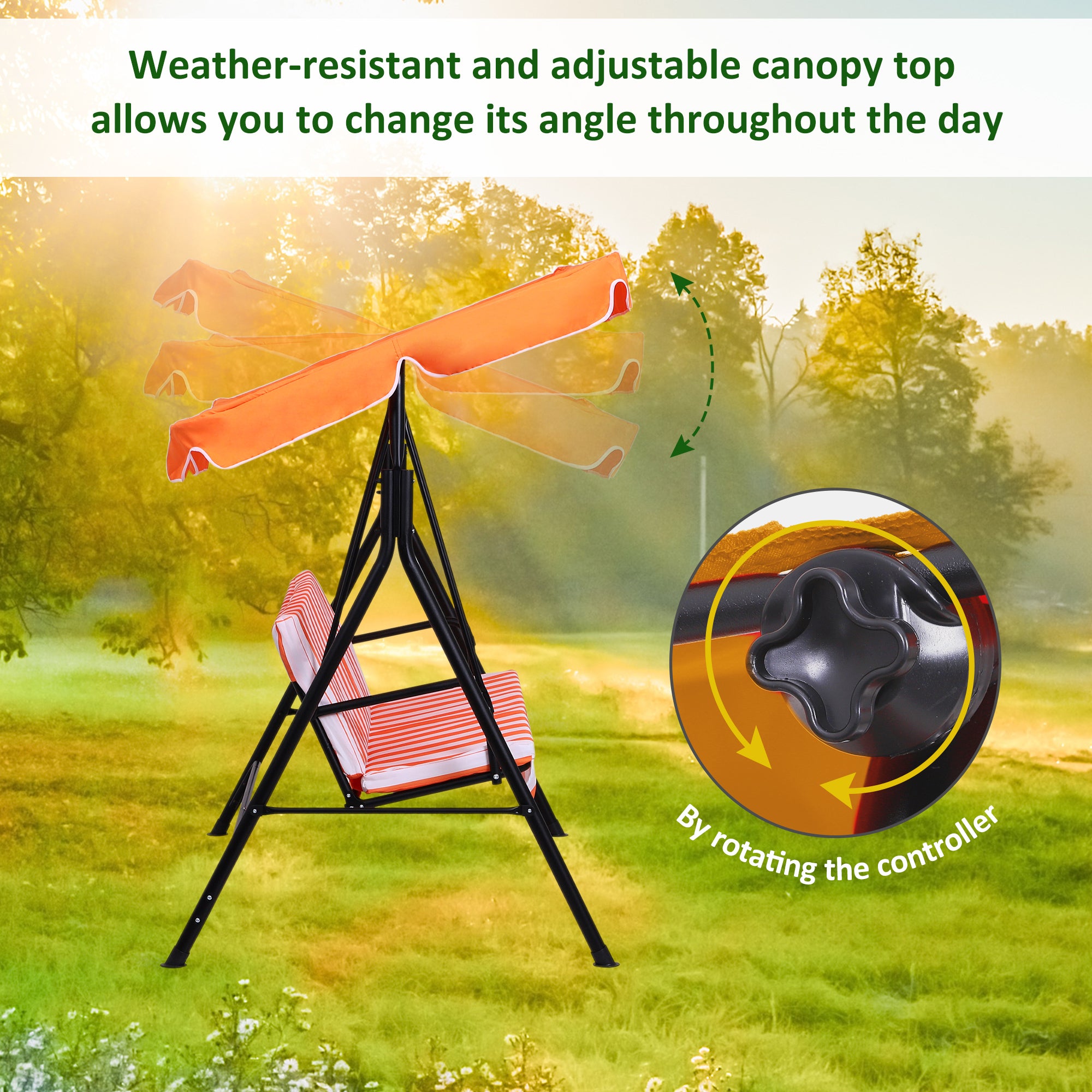 Outsunny 3-Seater Outdoor Porch Swing with Adjustable Canopy, Patio Swing Chair for Garden, Poolside, Backyard, Orange