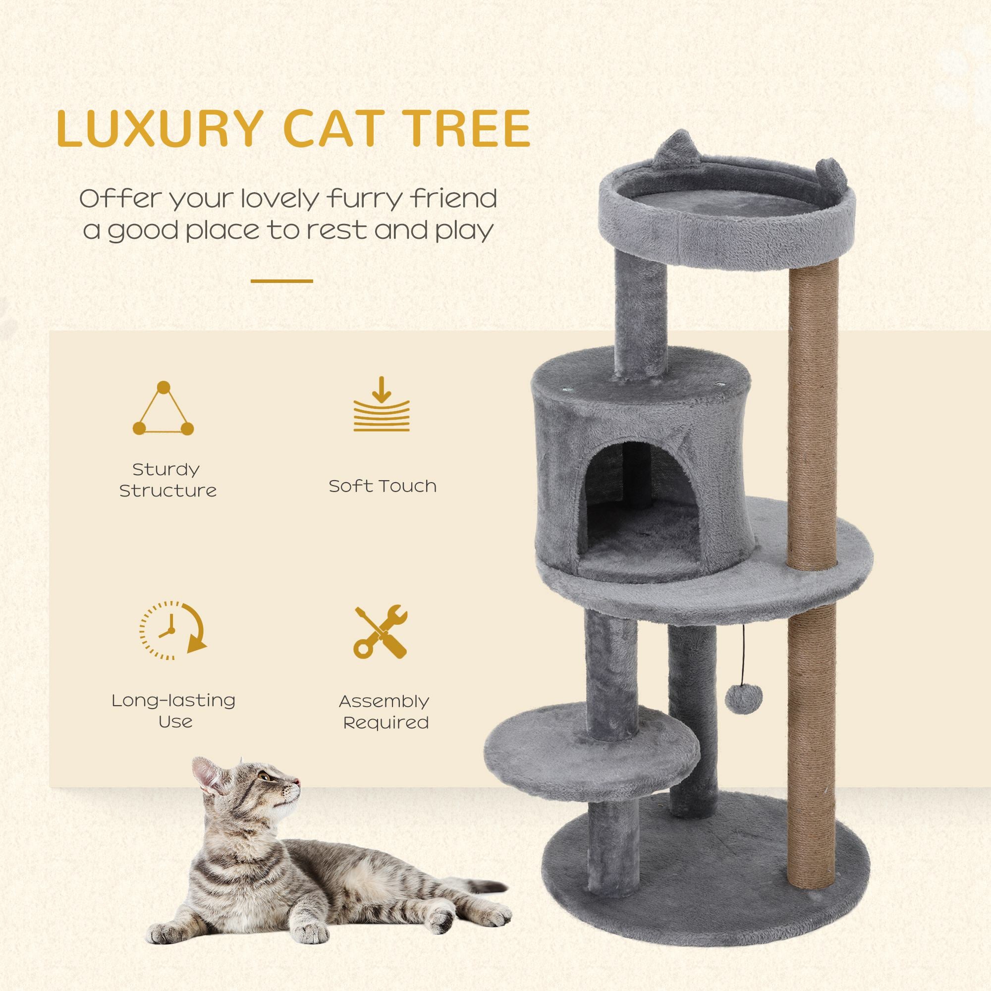 PawHut 41" Cat Tree Tower with Condo, Scratching Posts and Hanging Ball, Grey