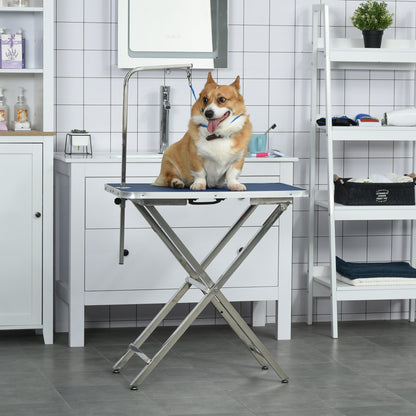 PawHut 28" Foldable Dog Grooming Table with Adjustable Arm, Non-Slip Surface for Medium Small Dogs, Cats, Blue