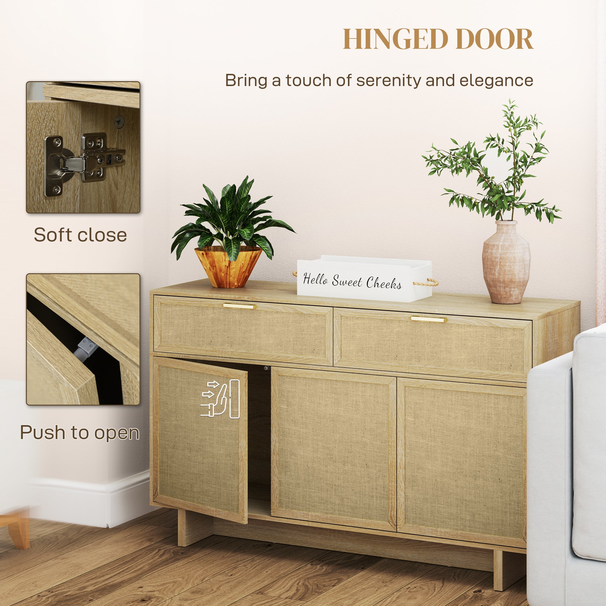 HOMCOM Boho Kitchen Sideboard Buffet Cabinet with Hinge Doors, Drawers and Adjustable Shelf for Living Room, Natural Wood