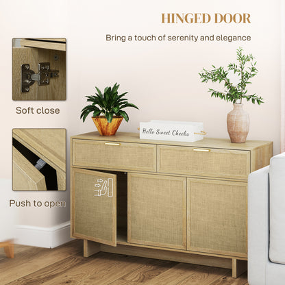 HOMCOM Boho Kitchen Sideboard Buffet Cabinet with Hinge Doors, Drawers and Adjustable Shelf for Living Room, Natural Wood