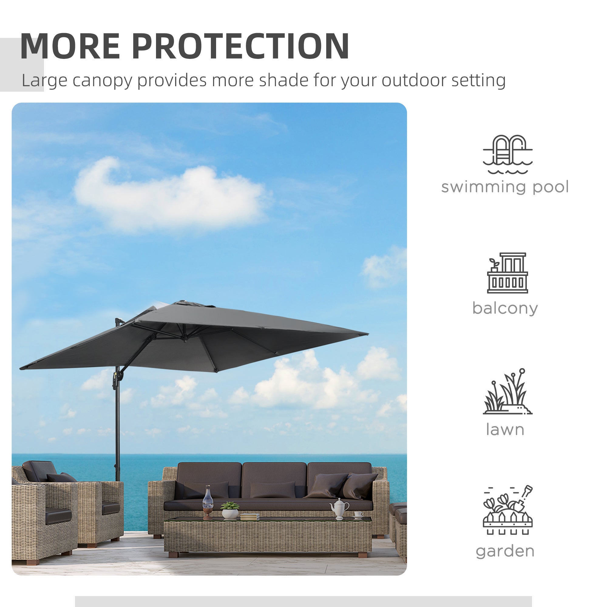 Outsunny 9ft Cantilever Patio Umbrella, Square Overhanging Umbrella with Cross Base, Crank Handle, Tilt, 360° Rotation and Aluminum Frame, Dark Grey