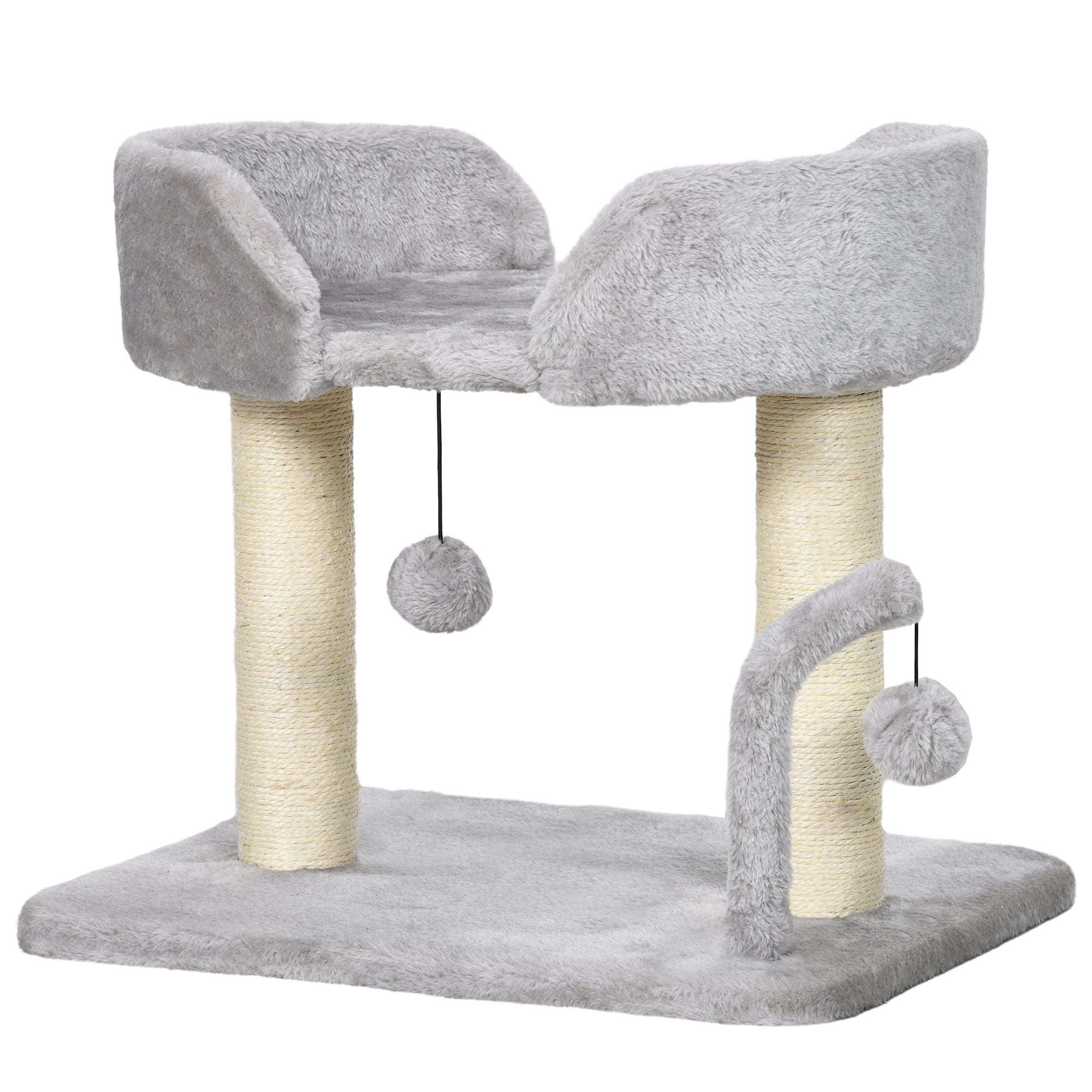 PawHut Cat Tower Condo for Indoor Cats, Small Cat Tree with Sisal Scratching Posts, Top Perch, Dangling Balls, Light Grey