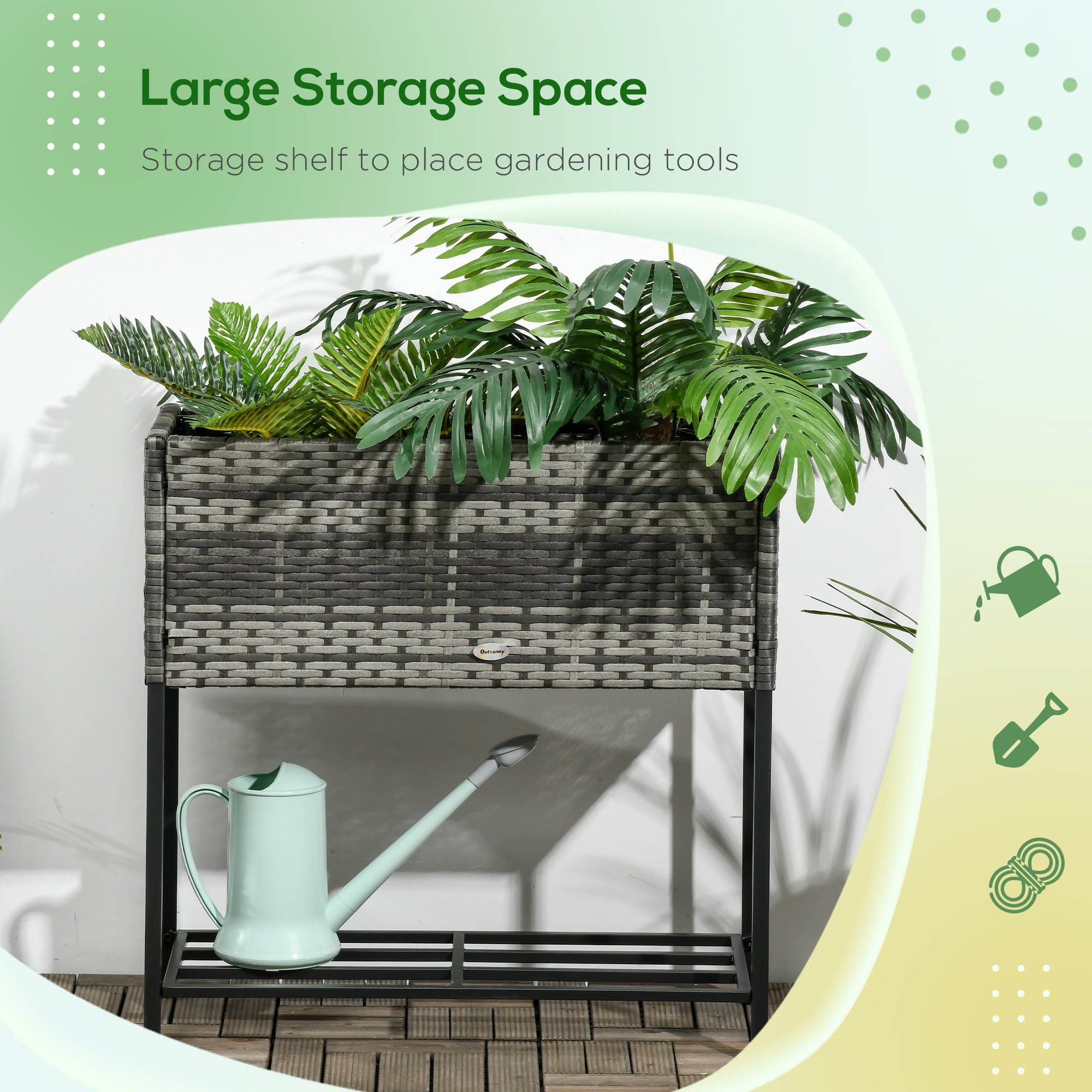 Outsunny Rattan Raised Garden Boxes, Elevated Flower Beds with Storage Shelf for Herbs, Flowers, Vegetables, Mixed Grey