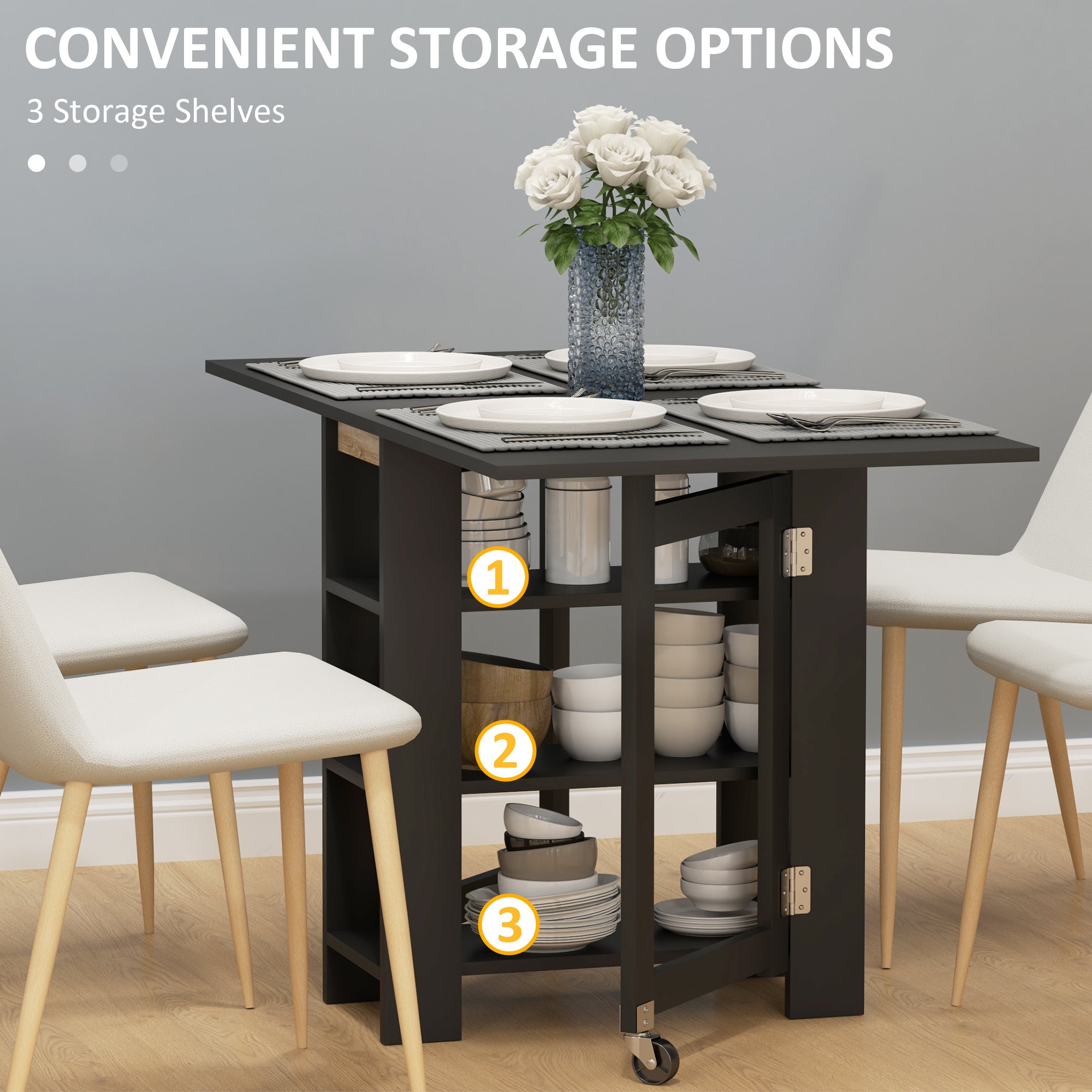 HOMCOM Folding Dining Table with Storage, Drop Leaf Kitchen Table for Small Spaces, Black