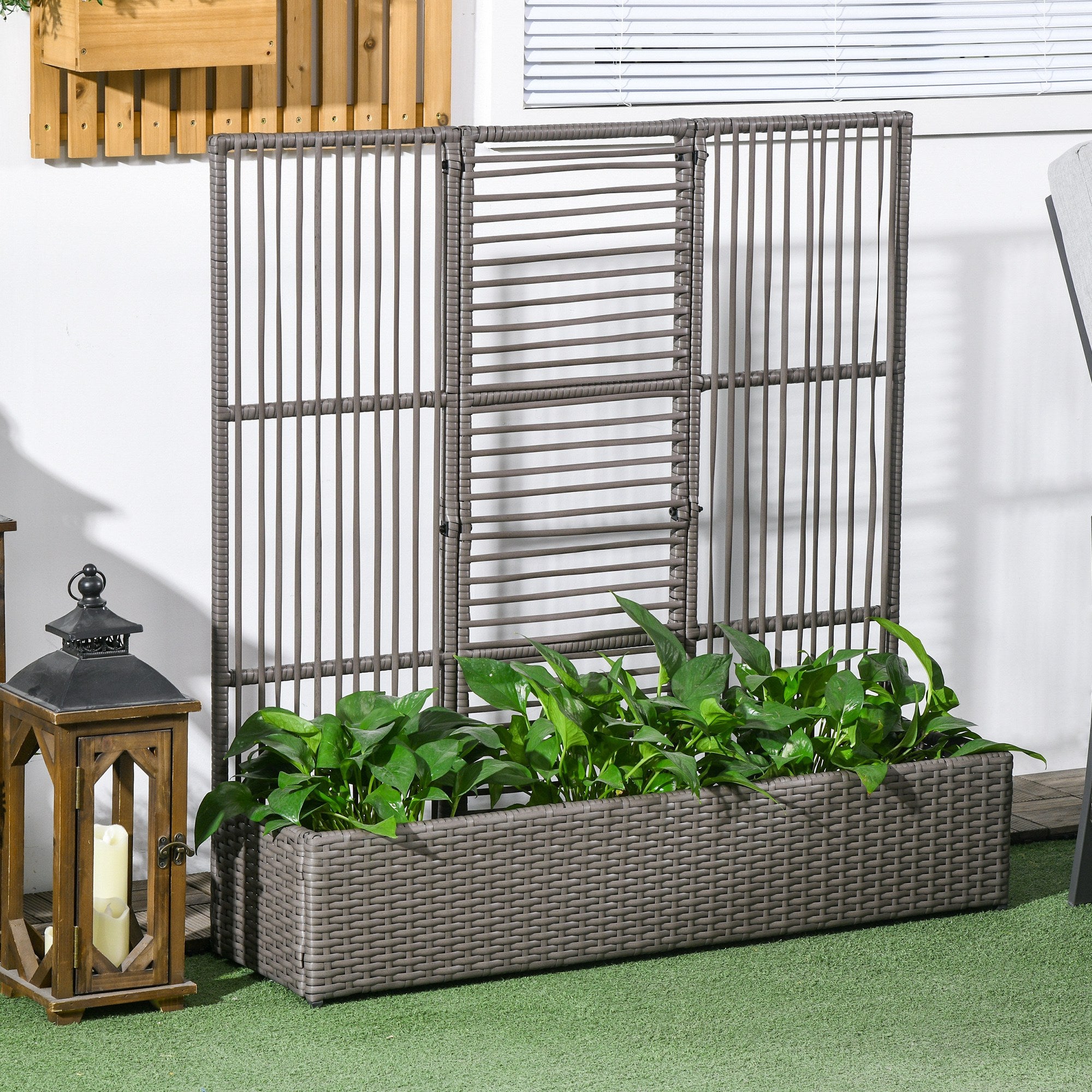 Outsunny Raised Garden Bed with Lattice Trellis, Rattan Outdoor Planter with Storage for Garden, Patio, Balcony, Grey