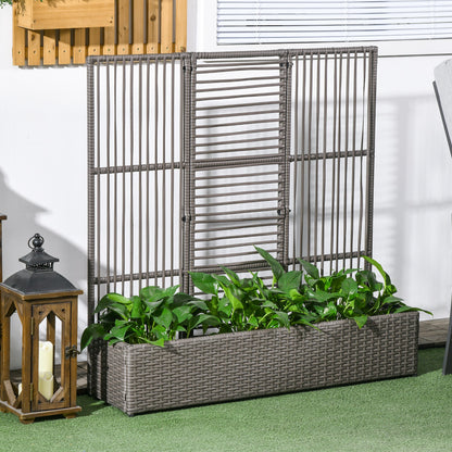 Outsunny Raised Garden Bed with Lattice Trellis, Rattan Outdoor Planter with Storage for Garden, Patio, Balcony, Grey