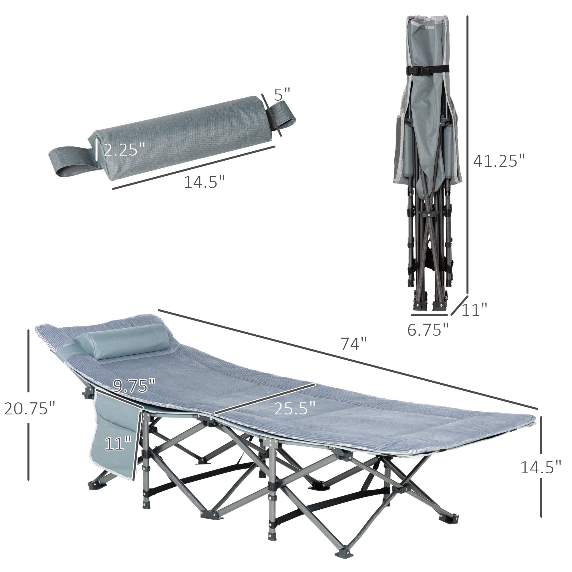 Outsunny Folding Camping Cot with Mattress & Pillow, Double Layer Oxford Heavy Duty Sleeping Cot with Carry Bag Dark Grey