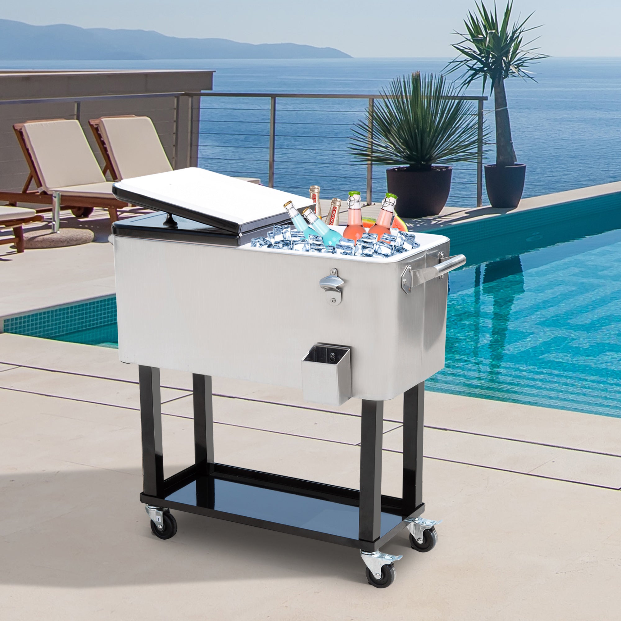 Outsunny 80 Quart Rolling Cooler Cart Portable Patio Ice Beer Beverage Cooling Bin for Outdoor Party w/ Bottle Opener & Storage Shelf Silver