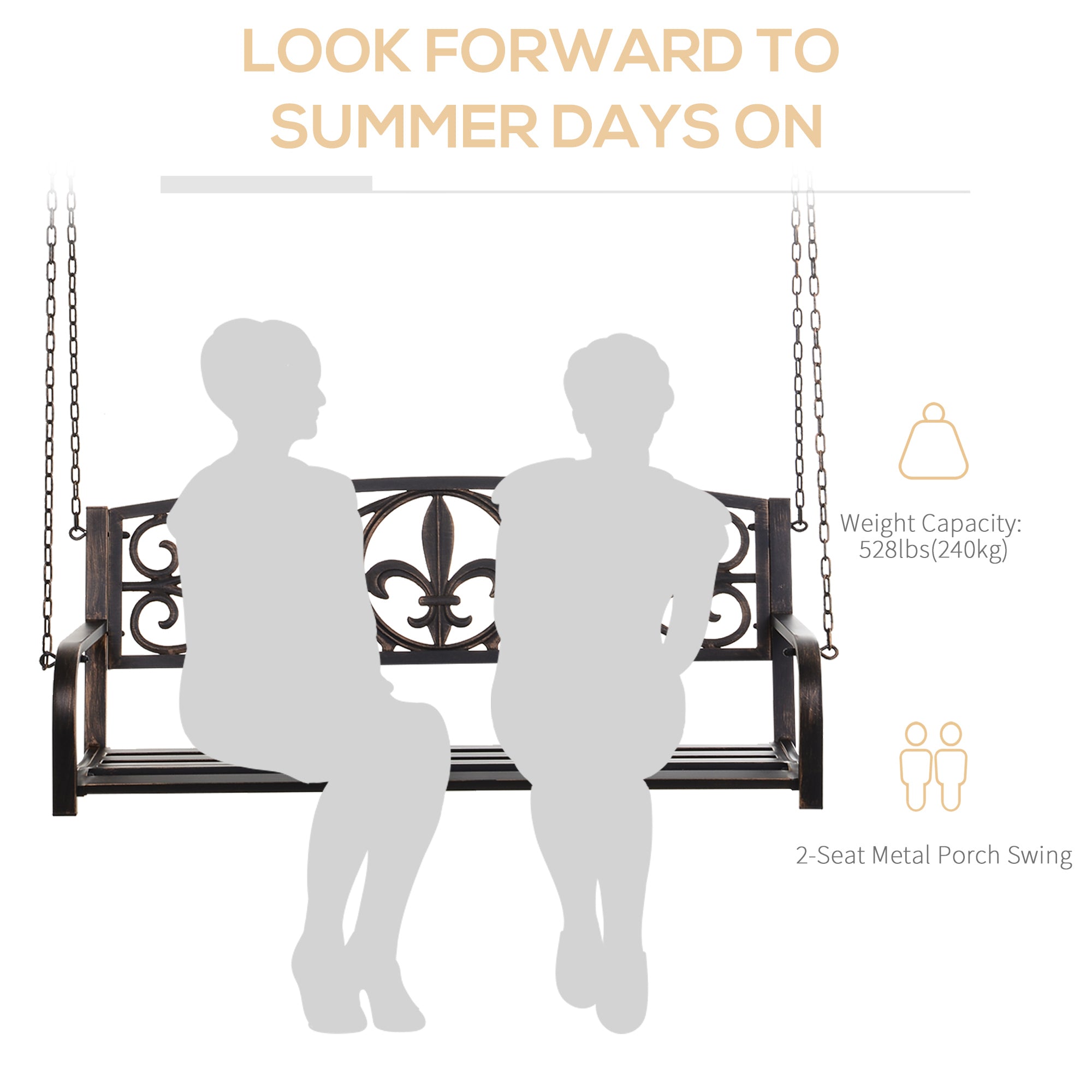 Outsunny 50"L Steel Porch Swing Fleur-De-Lis Patio Swing Chair Hanging Bench Outdoor 2-person Glider Chair Seat w/ Chain Antique Style Black