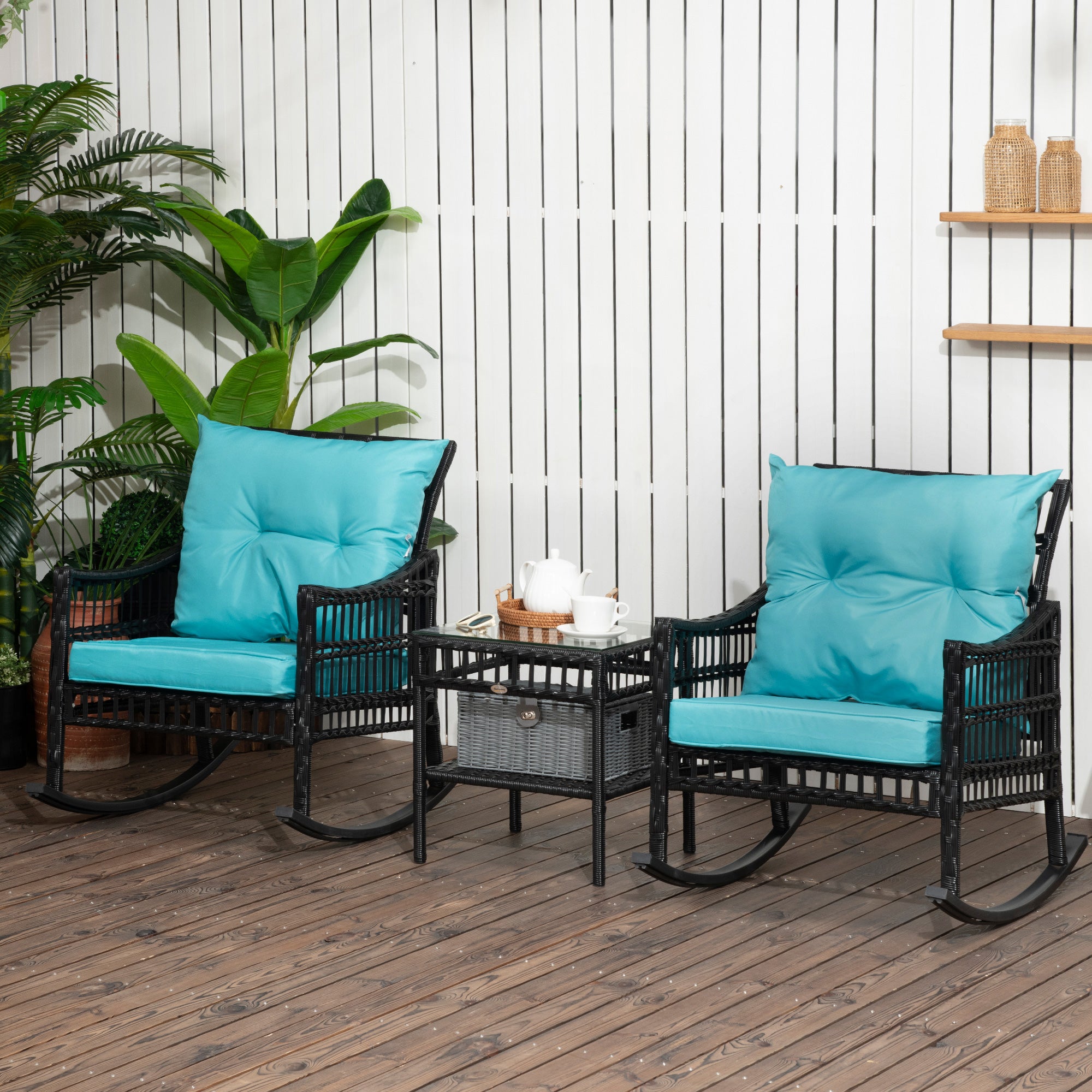 Outsunny 3 Pieces Outdoor PE Rattan Rocker Chair Set, Rocking Chair with Tempered Glass Table Top,25"x26"x28", Turquoise Green