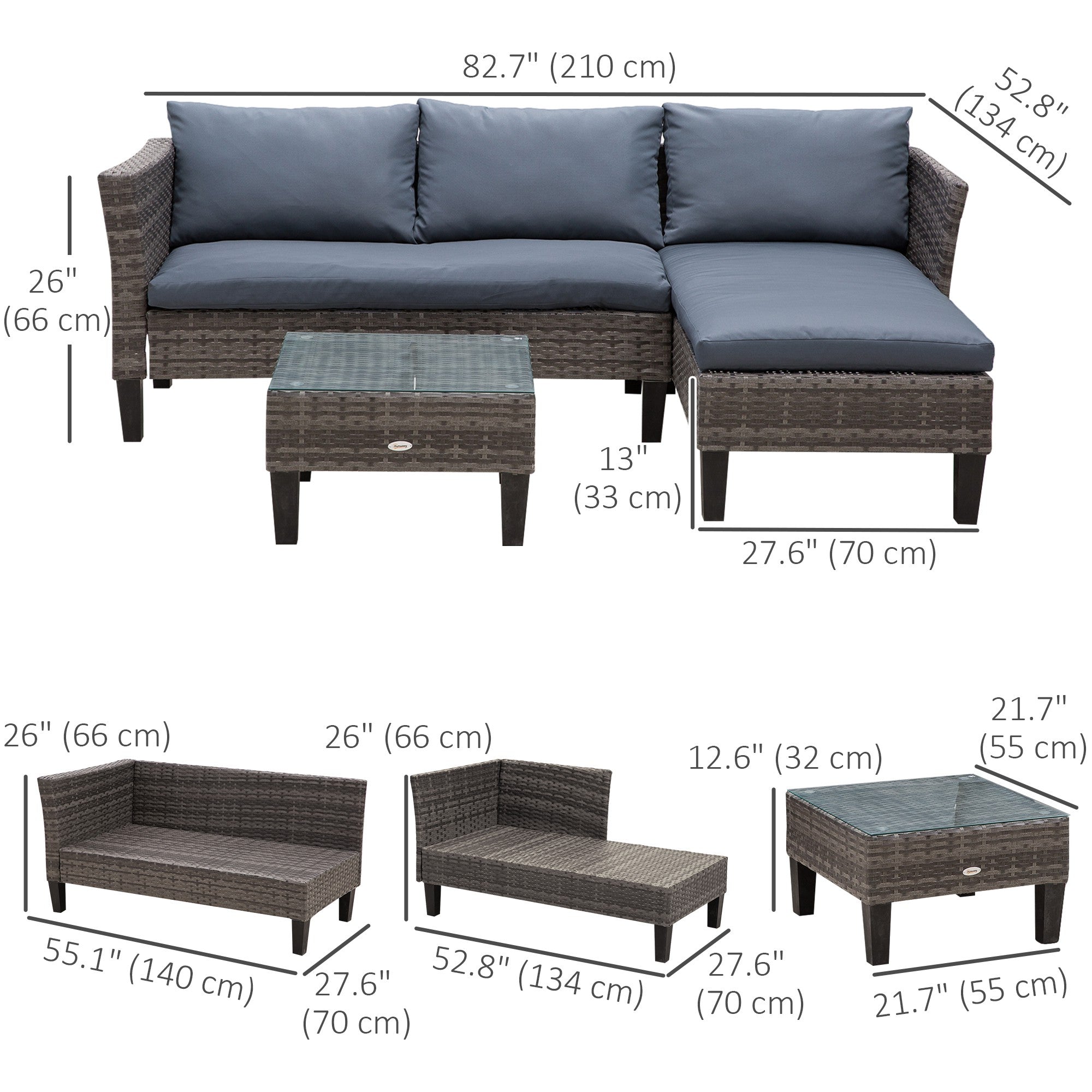 Outsunny 3 Piece Wicker Patio Furniture Set Outdoor Sofa Set with Glass Tabletop, Cushions Metal Frame for Balcony, Patio, Grey