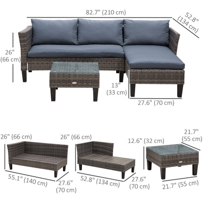 Outsunny 3 Piece Wicker Patio Furniture Set Outdoor Sofa Set with Glass Tabletop, Cushions Metal Frame for Balcony, Patio, Grey