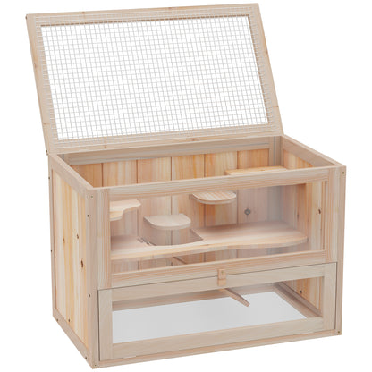 PawHut 24 Inch Hamster Cage, 2 Levels Small Animals Habitat Pet House with Openable Roof, Run Space, Platforms, Natural Wood